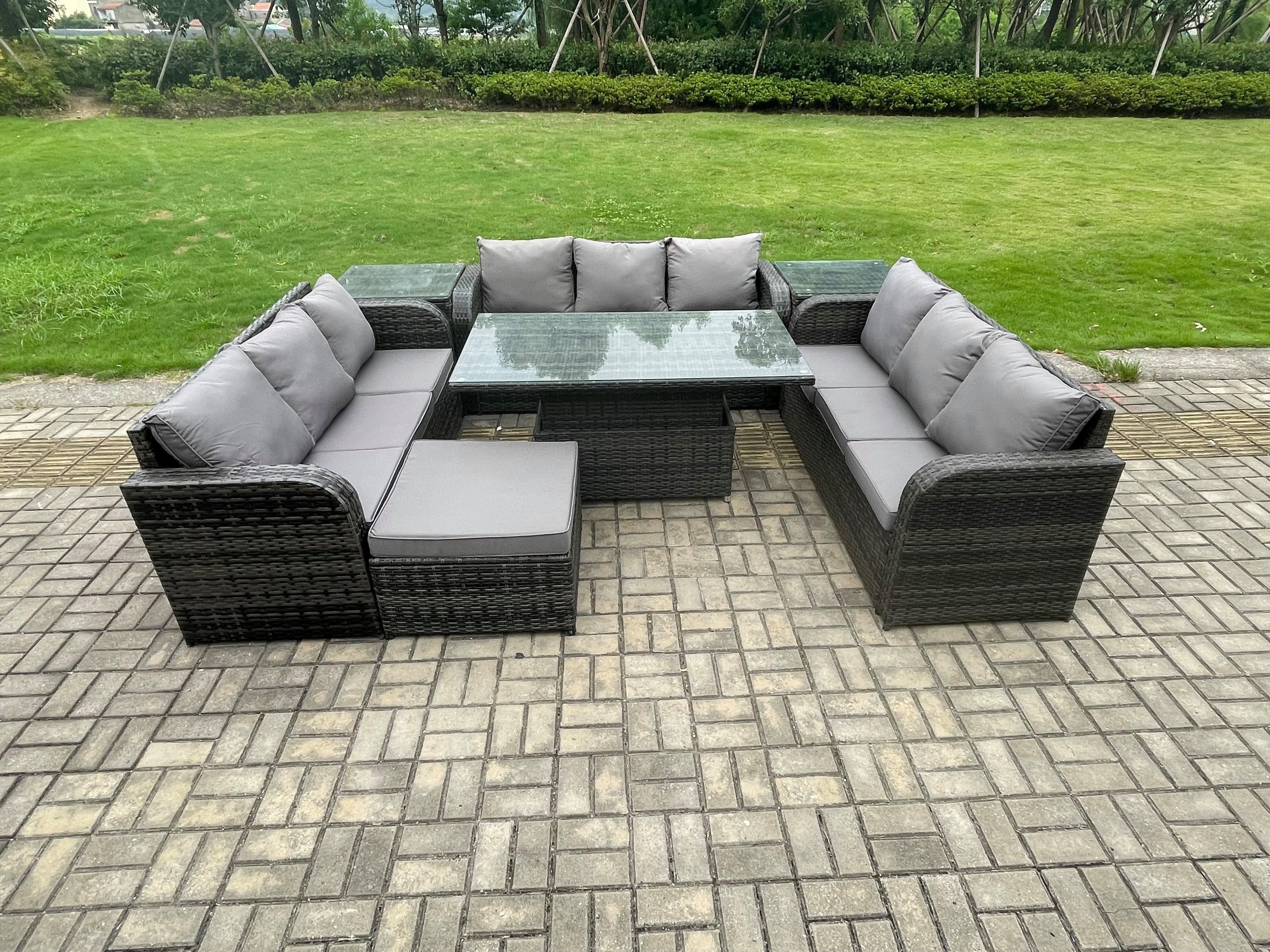 Patio Garden Dining Set Outdoor Rattan Furniture Sofa Height Adjustable Rising Table 2 Side Tables