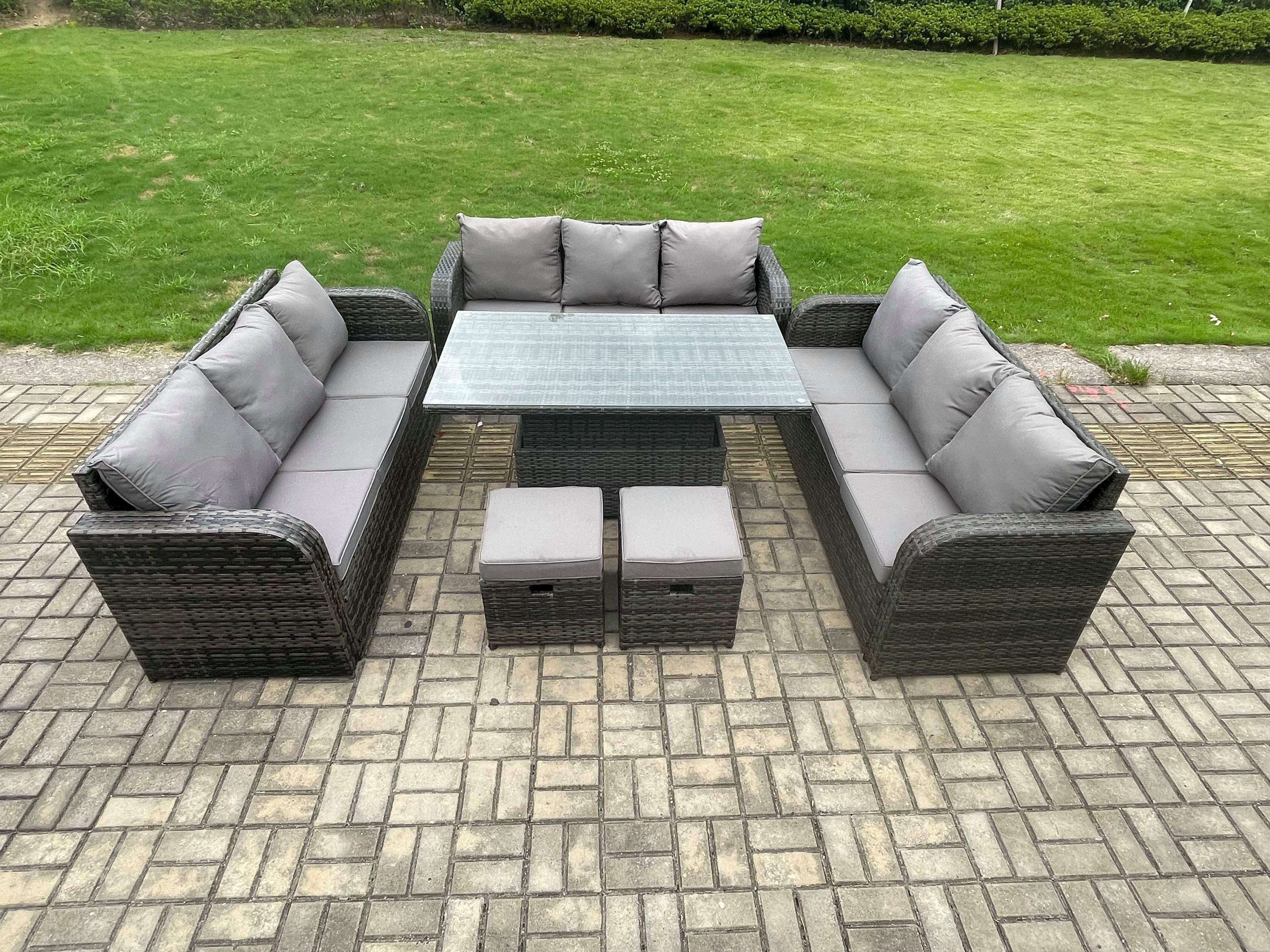 Garden Dining Set Outdoor Rattan Furniture Lounge Sofa Height Adjustable Rising lifting Table