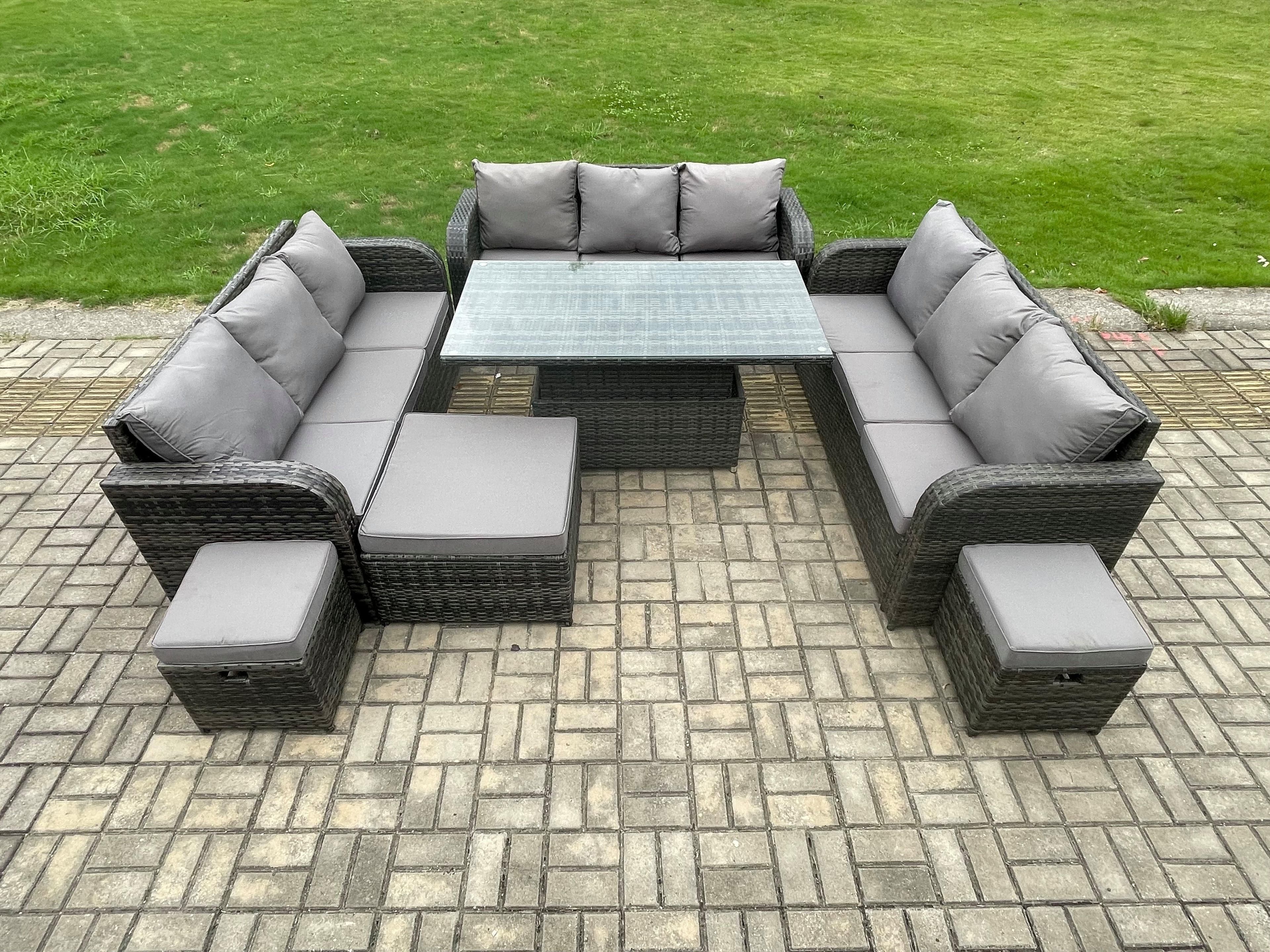 Patio Garden Dining Set Outdoor Rattan Furniture Sofa Height Adjustable Rising Table Big Footstool