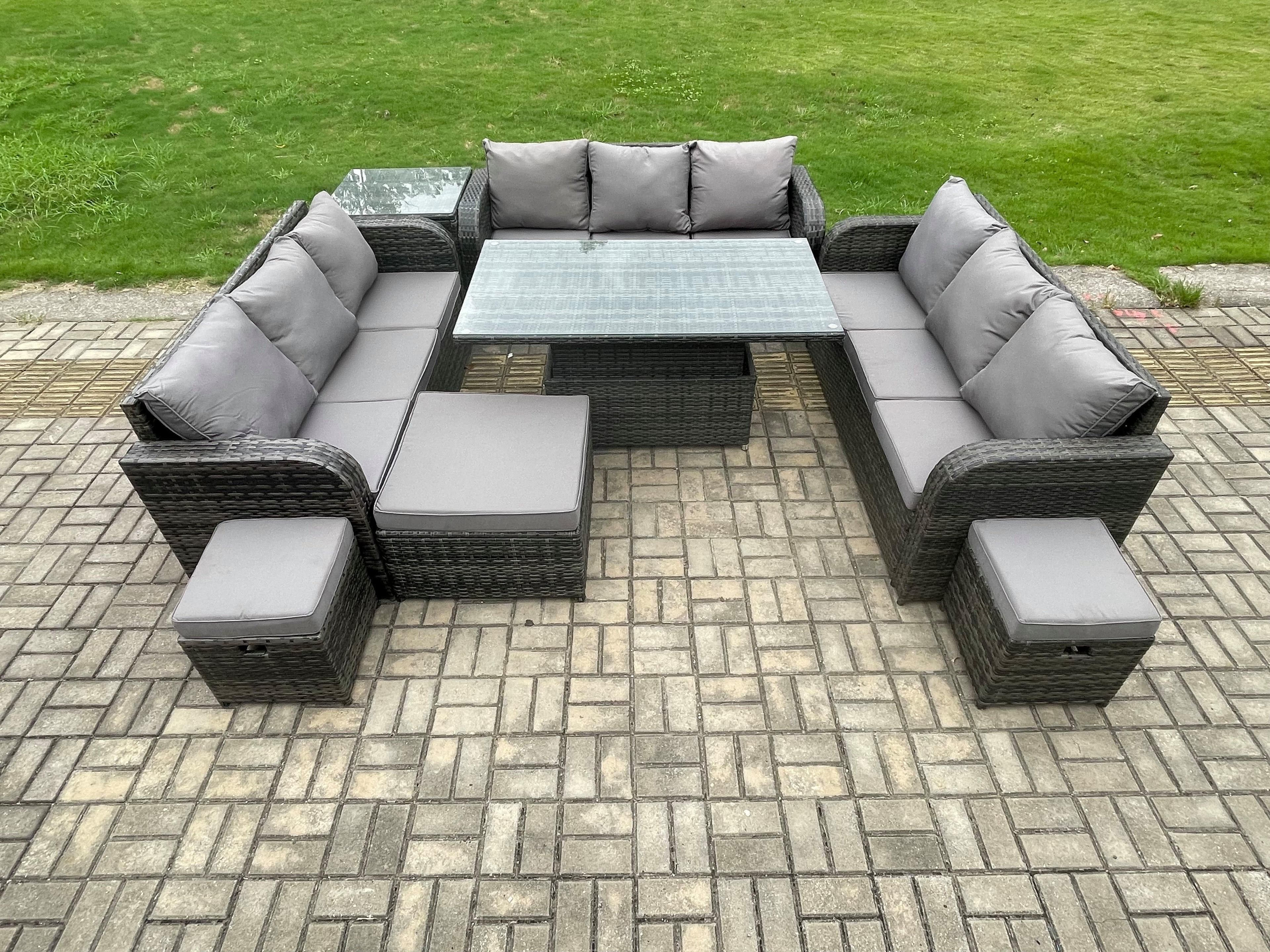 Garden Dining Sets Outdoor Rattan Furniture Sofa Height Adjustable Rising lifting Table Dark Grey Mixed