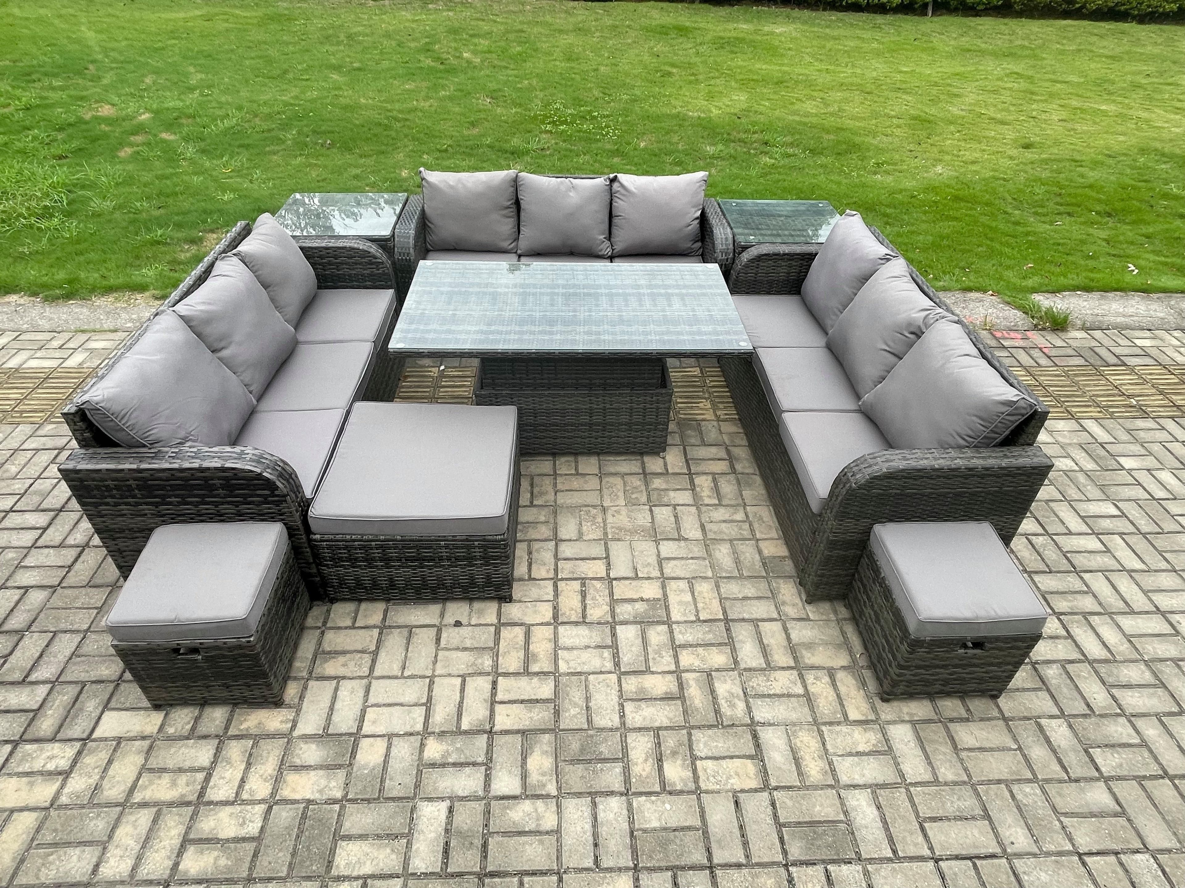 12 Seater Garden Dining Sets Outdoor Rattan Furniture Lounge Sofa Height Adjustable Rising lifting Table