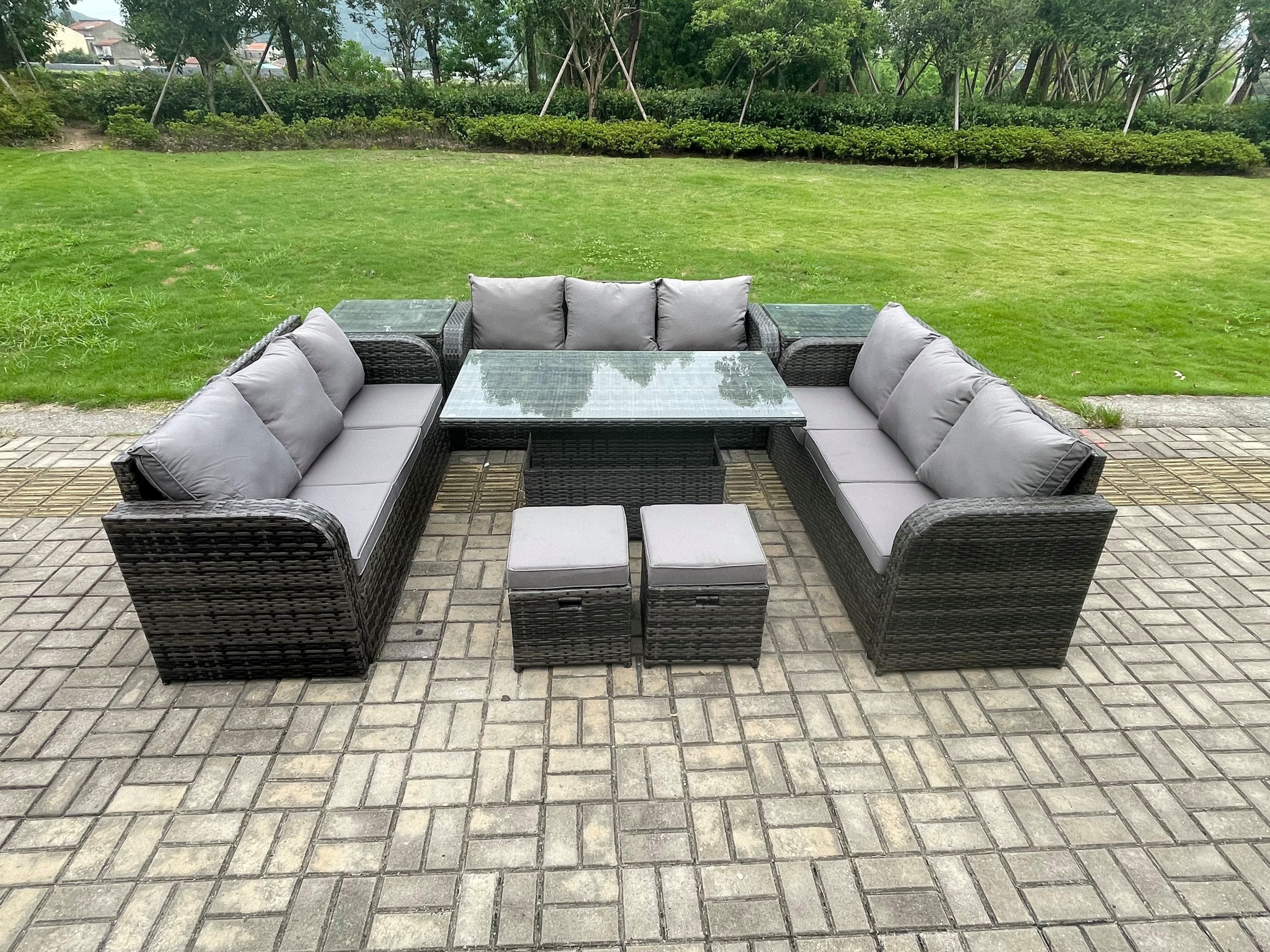 11 Seater Garden Dining Sets Outdoor Rattan Furniture Lounge Sofa Height Adjustable Rising lifting Table