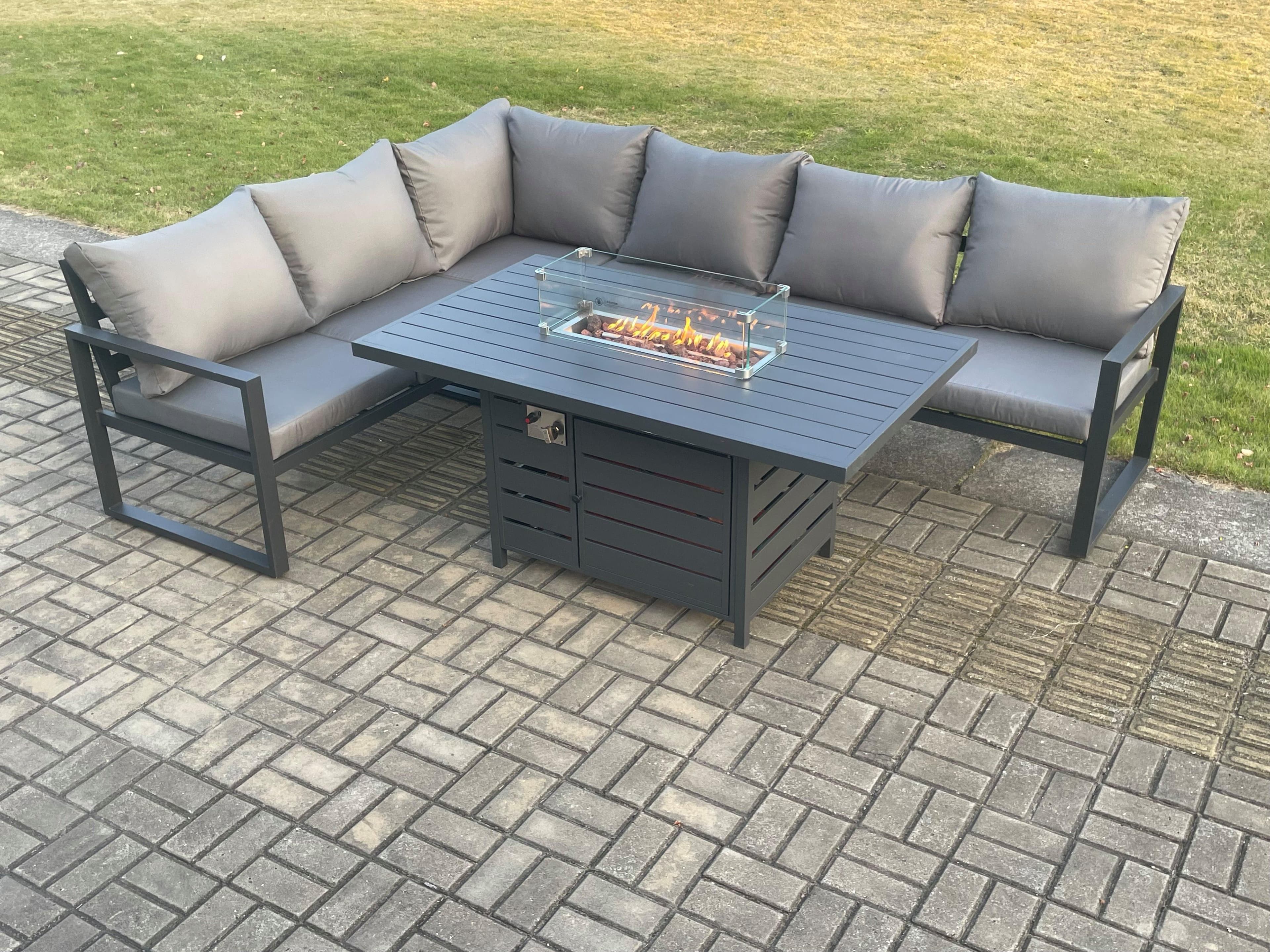 Aluminium Outdoor Garden Furniture Corner Sofa Gas Fire Pit Dining Table Sets Gas Heater Burner Dark Grey 6 Seater