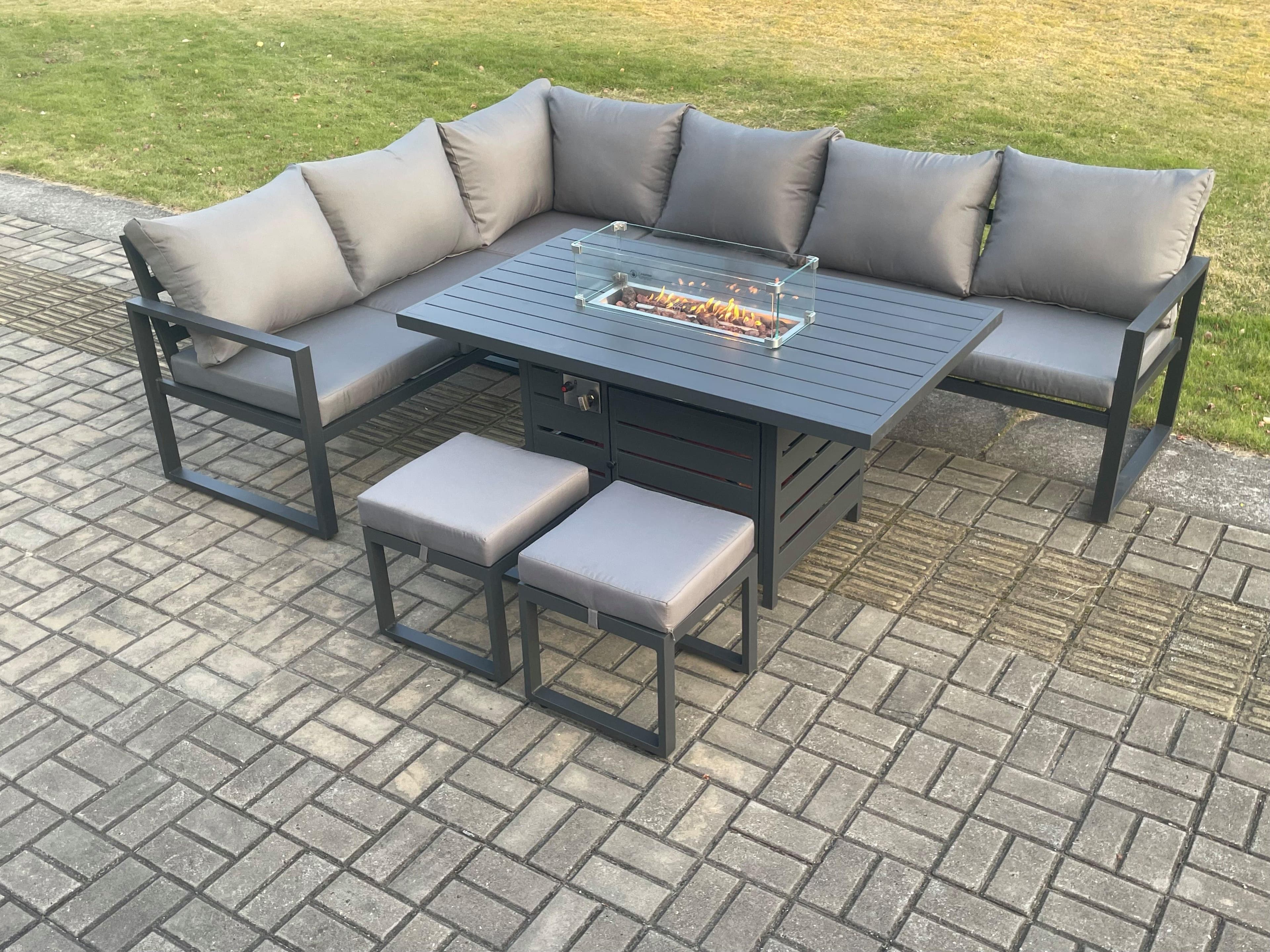 Aluminium Patio Outdoor Garden Furniture Corner Sofa Set Gas Fire Pit Dining Table 2 Small Footstools Dark Grey