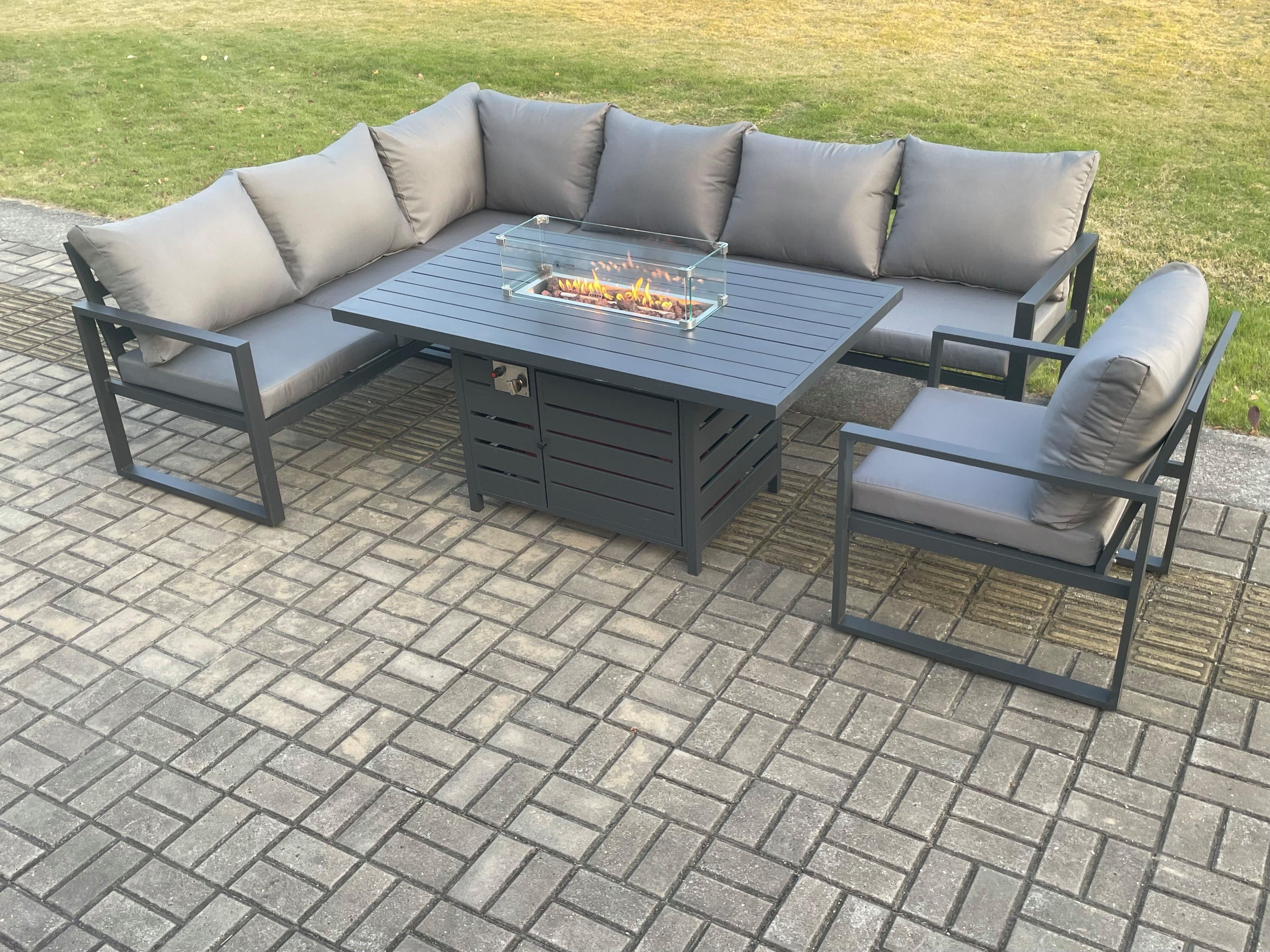 Aluminium Outdoor Garden Furniture Corner Sofa Gas Fire Pit Dining Table Sets Gas Heater Burner Dark Grey 7 Seater