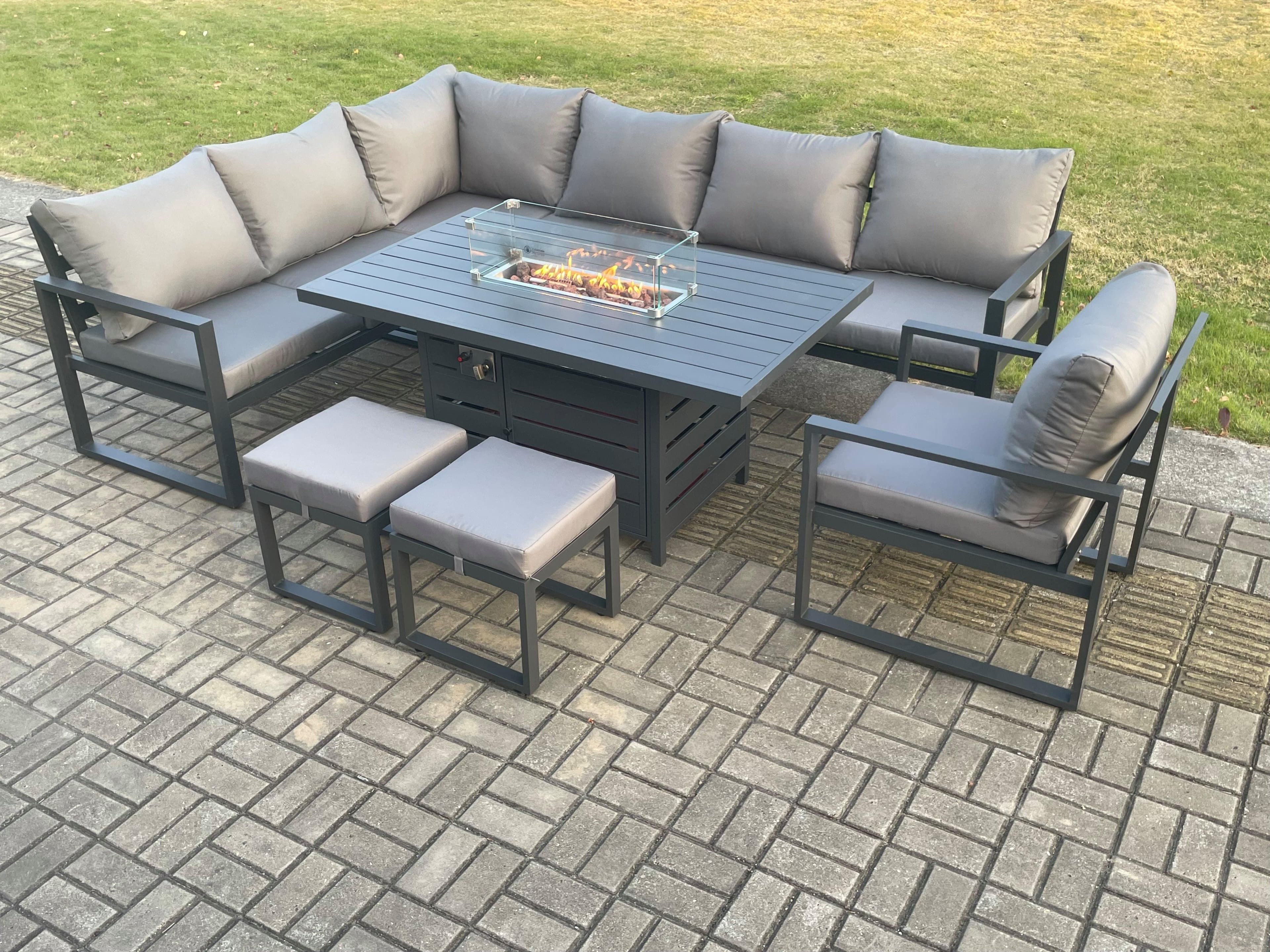 Aluminium Patio Outdoor Garden Furniture Corner Sofa Set Gas Fire Pit Dining Table Chair Small Footstools Dark Grey