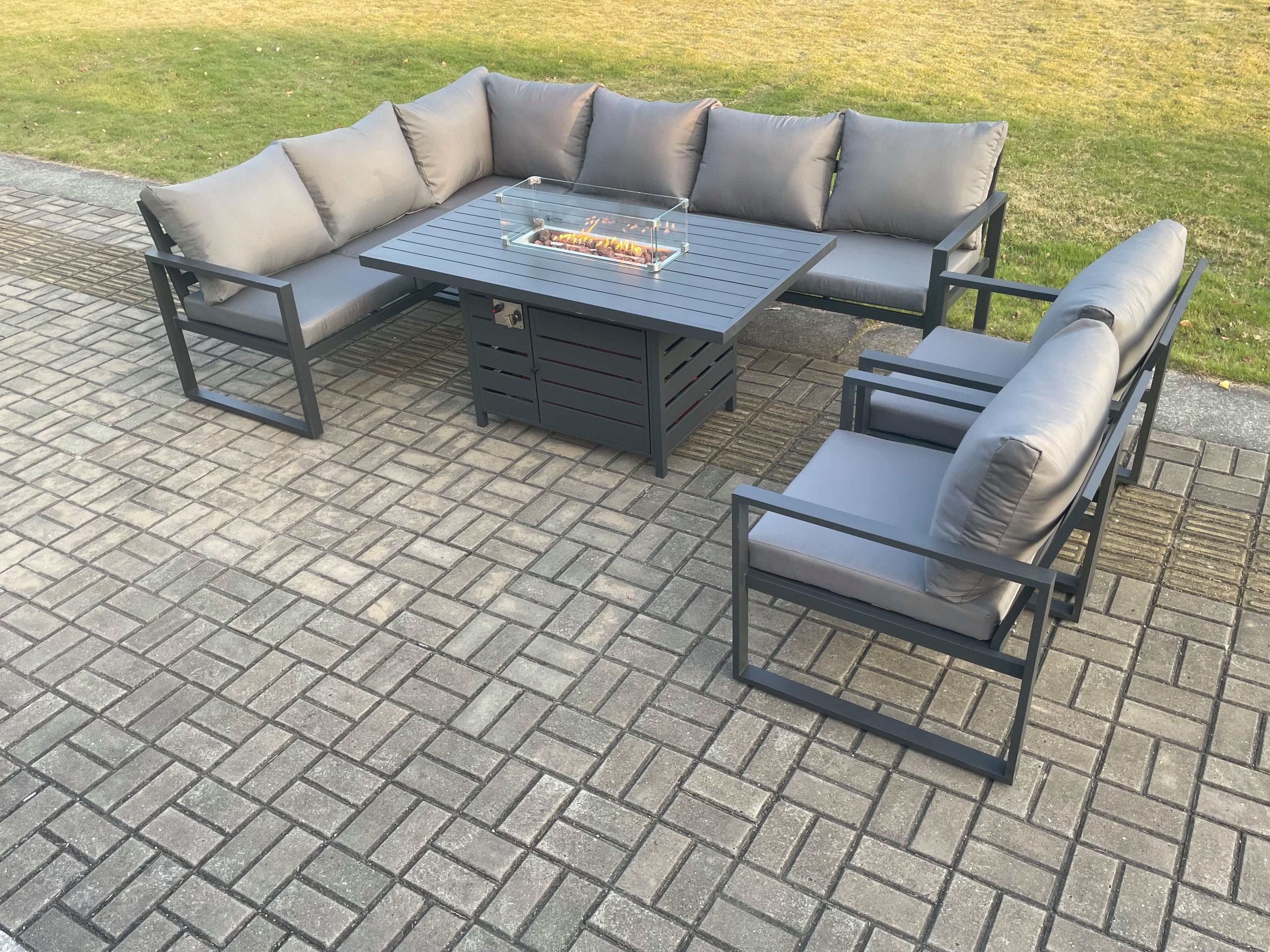 Aluminium Outdoor Garden Furniture Corner Sofa Gas Fire Pit Dining Table Sets Gas Heater Burner Dark Grey 8 Seater