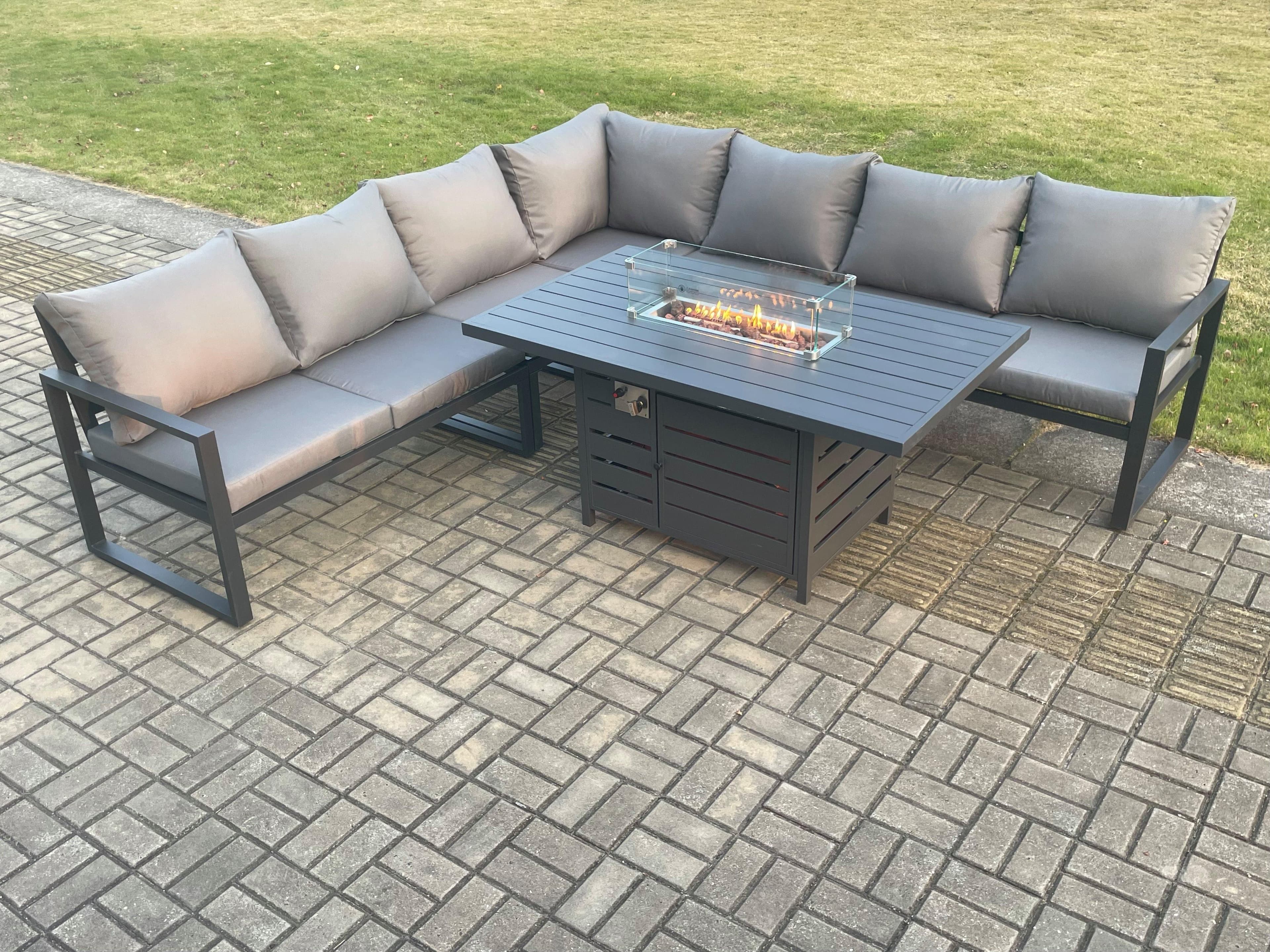Aluminium 6 Pieces Garden Furniture Corner Sofa Set Cushions Gas Fire Pit Dining Table Set Gas Heater Burner Dark Grey