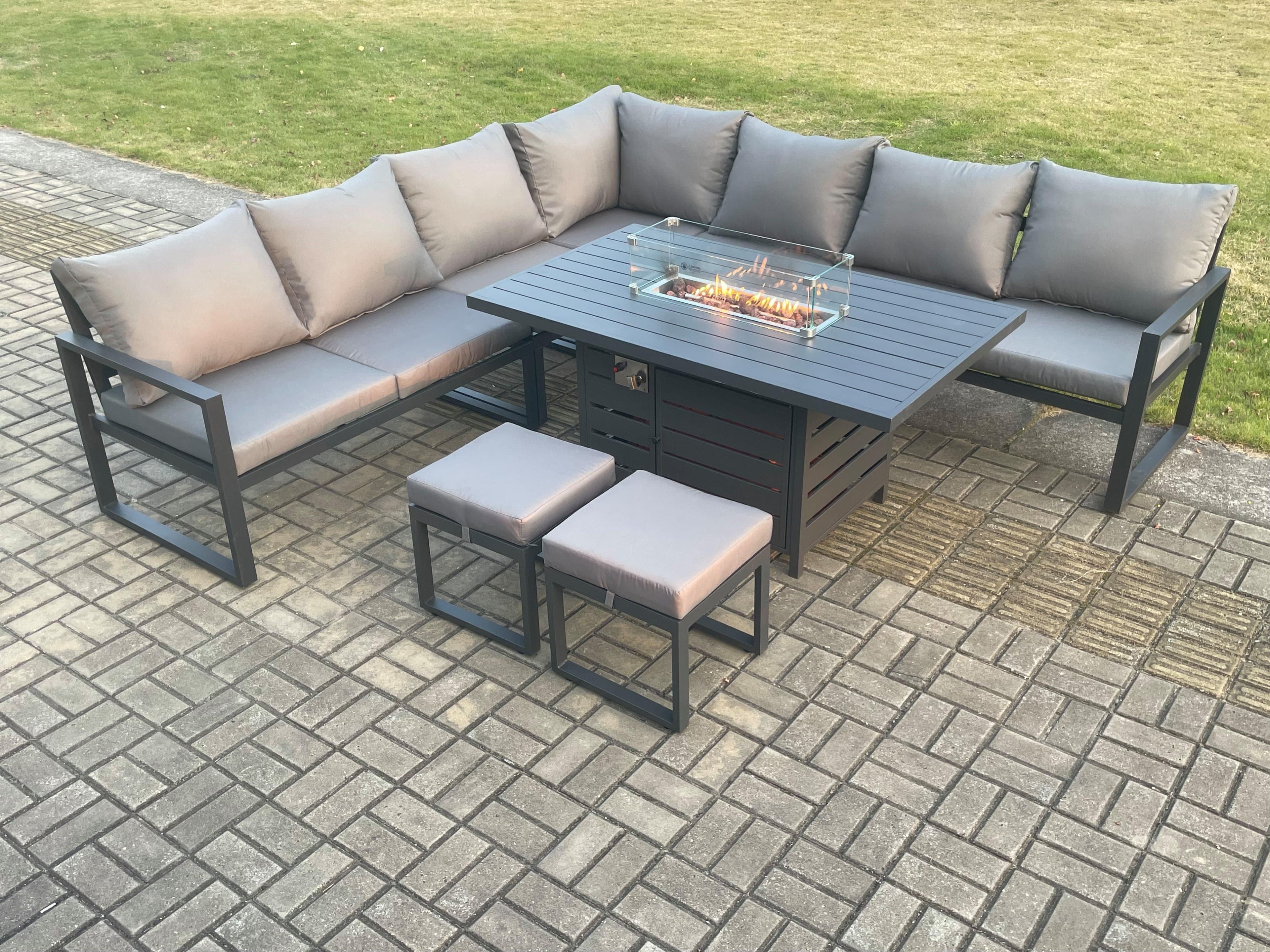 Aluminium 9 Seater Garden Furniture Outdoor Set Patio Lounge Sofa Gas Fire Pit Dining Table Set Footstools Dark Grey