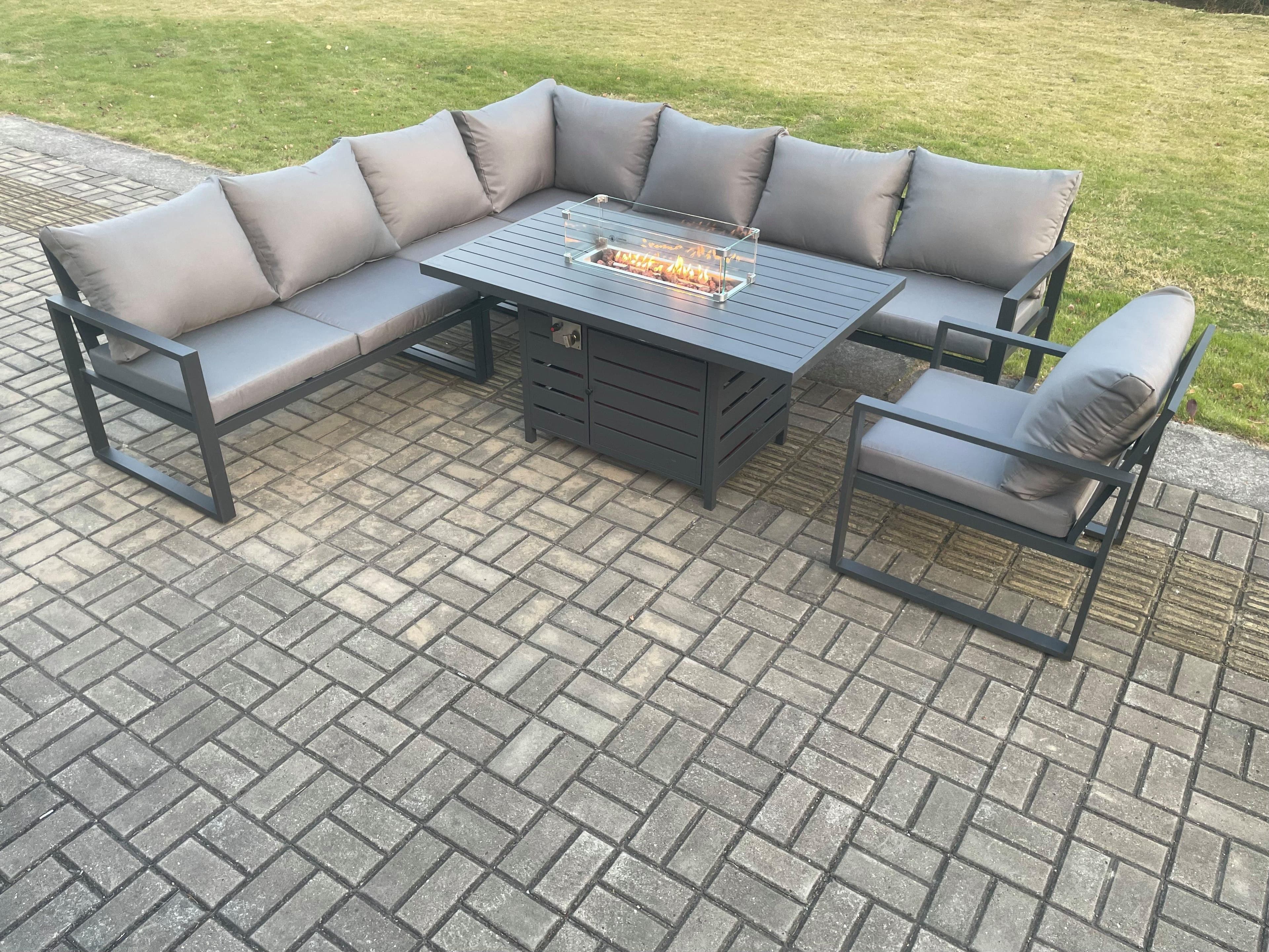 Aluminium 7 Pieces Garden Furniture Corner Sofa Set Cushions Gas Fire Pit Dining Table Set Chair Dark Grey