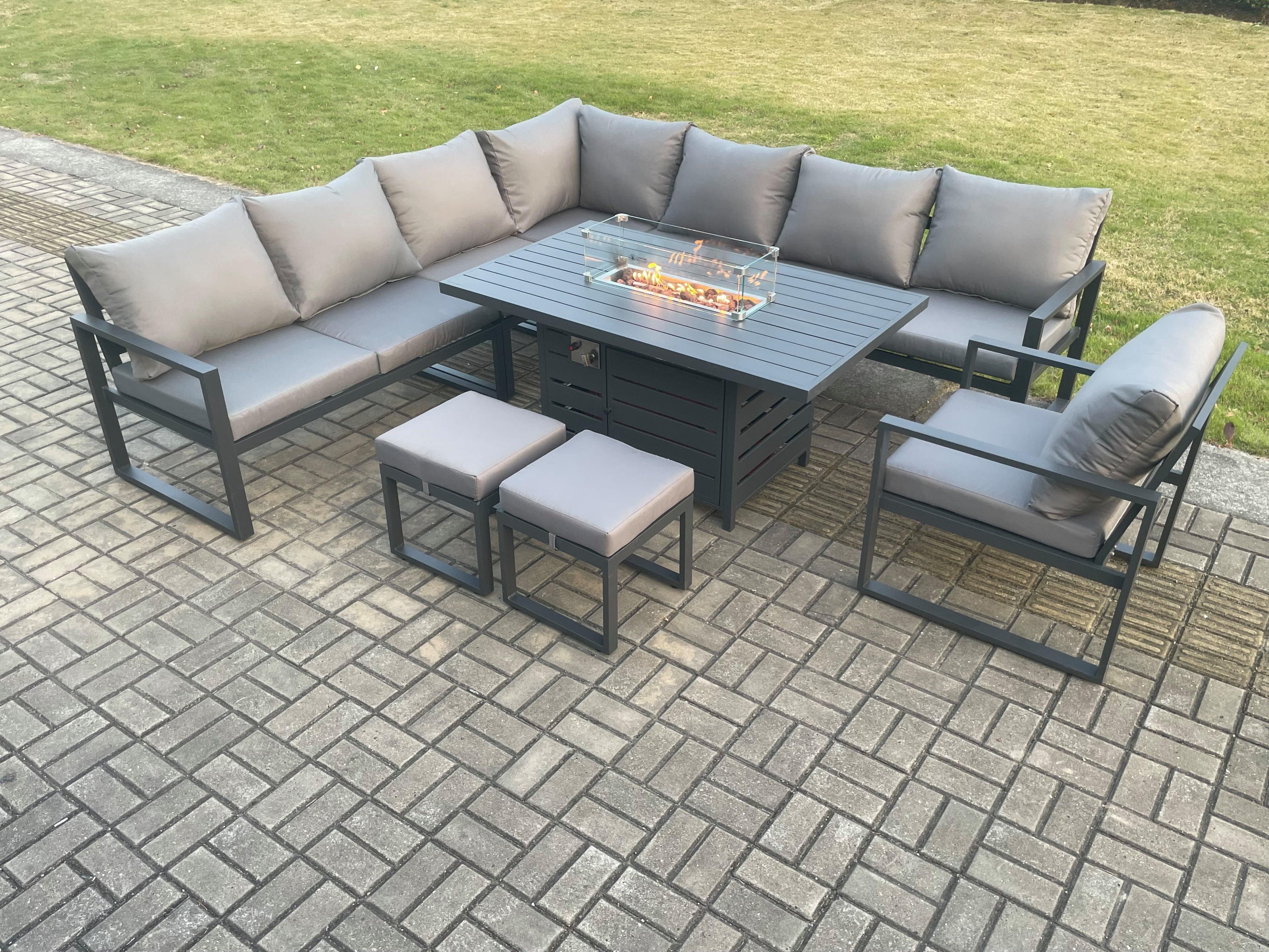 Aluminium 10 Seater Garden Furniture Outdoor Set Patio Lounge Sofa Gas Fire Pit Dining Table Set Chair Dark Grey