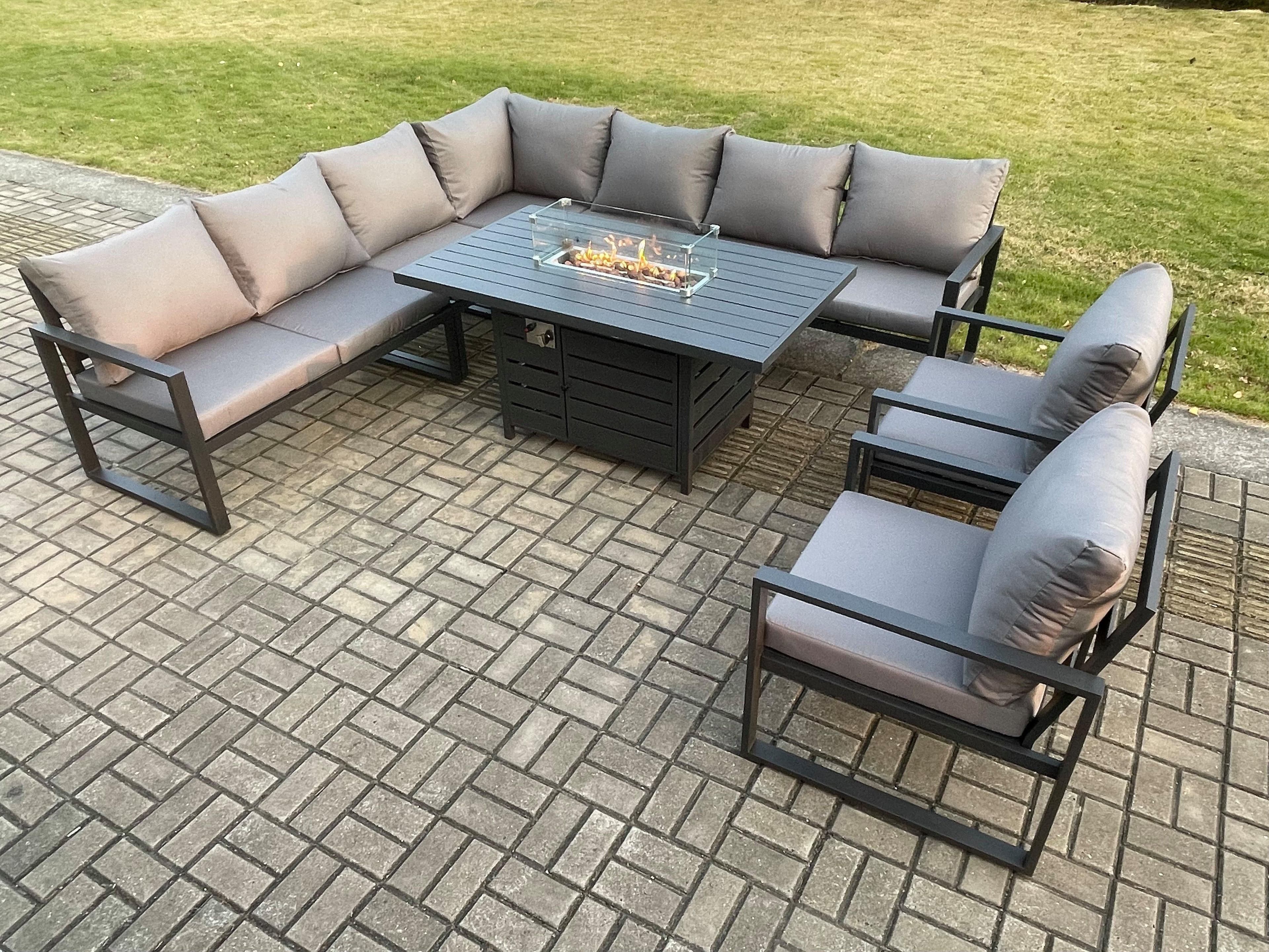 Aluminium 8 Pieces Garden Furniture Corner Sofa Set Cushions Gas Fire Pit Dining Table Set 2 Chairs Dark Grey