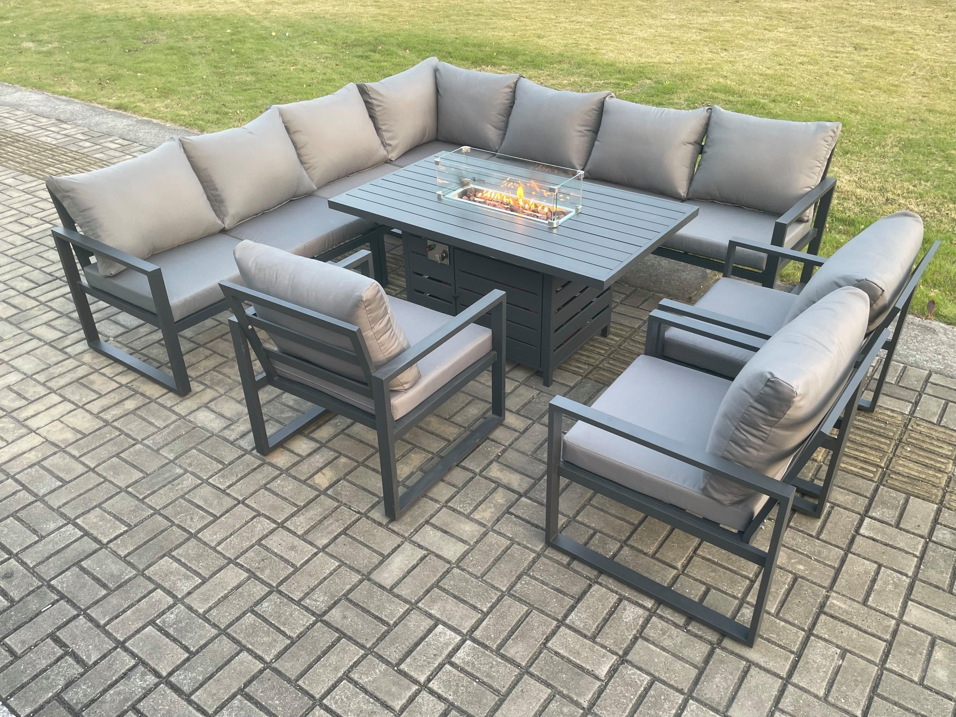 Aluminium 9 Pieces Garden Furniture Corner Sofa Set Cushions Gas Fire Pit Dining Table Set Gas Heater Burner Dark Grey