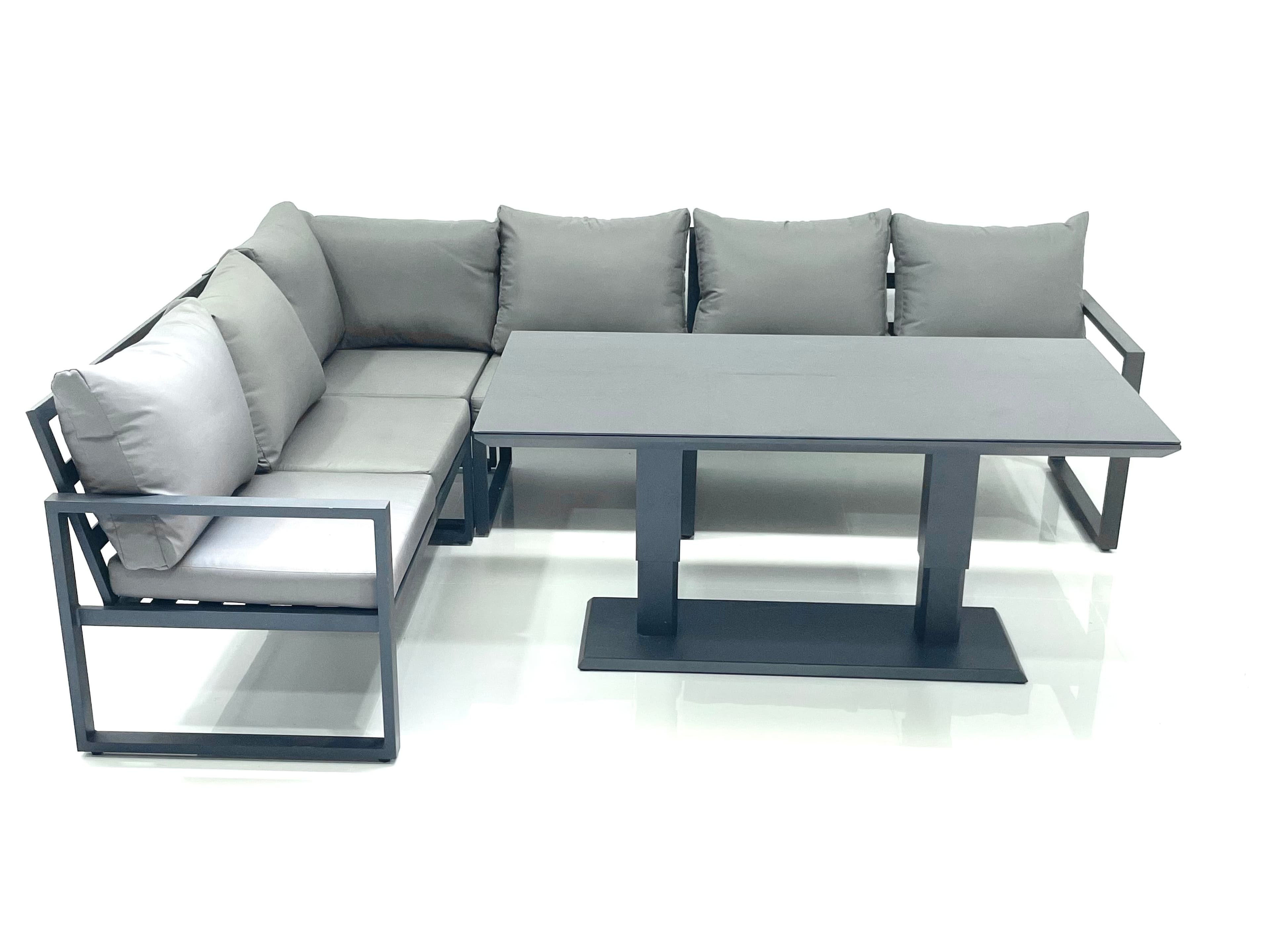 Aluminum Outdoor Garden Furniture Corner Sofa Adjustable Rising Lifting Dining Table Sets Dark Grey Black Tempered Glass 6 Seater
