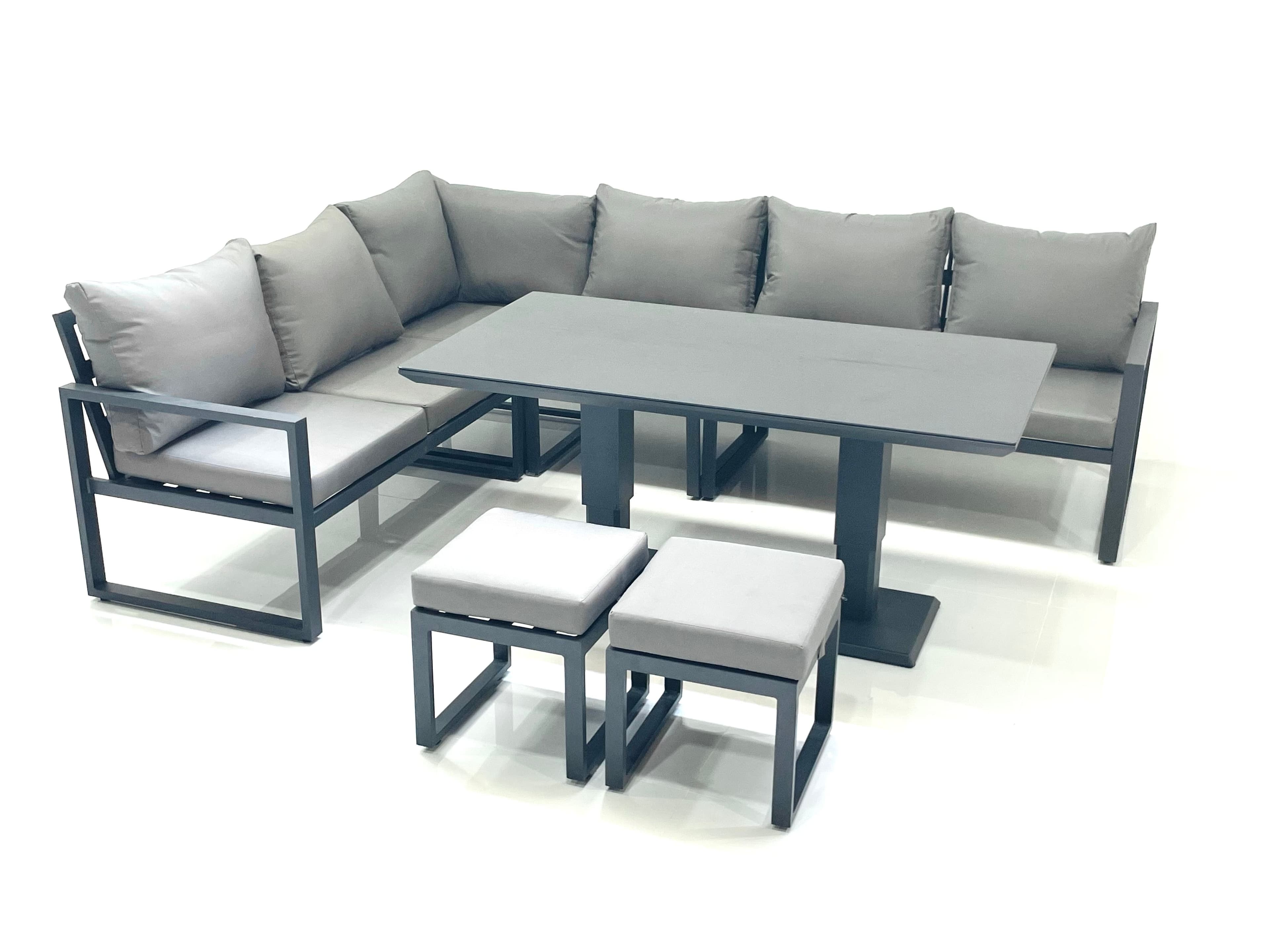 Aluminum Outdoor Garden Furniture Corner Sofa Adjustable Rising Lifting Table Sets Dark Grey Black Tempered Glass 8 Seater