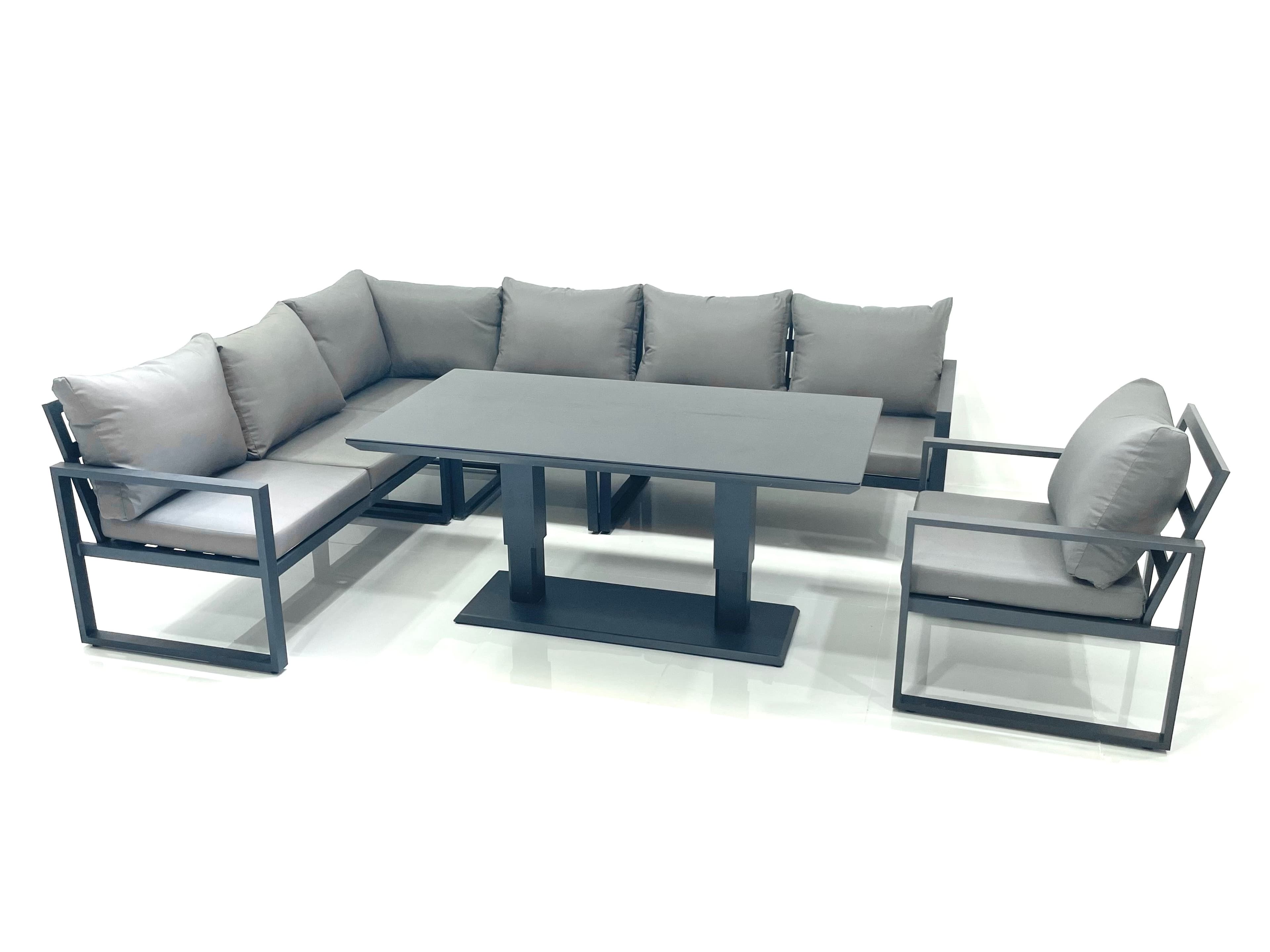 Aluminum Outdoor Garden Furniture Corner Sofa Chair Adjustable Rising Lifting Dining Table Sets Dark Grey Black Tempered Glass 7 Seater