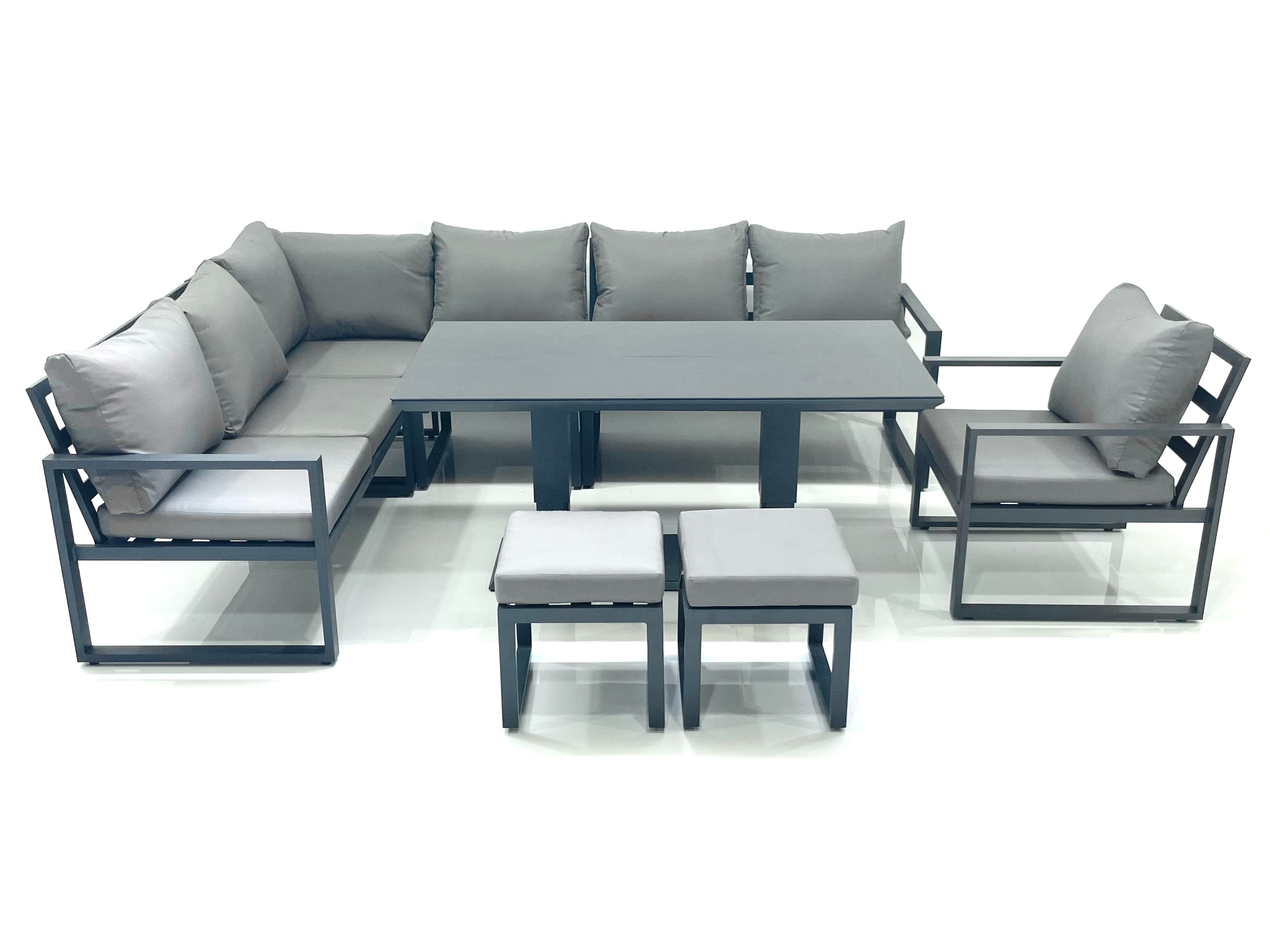 Aluminum Outdoor Garden Furniture Corner Sofa Chair Footstools Adjustable Rising Lifting Dining Table Sets Tempered Glass 9 Seater