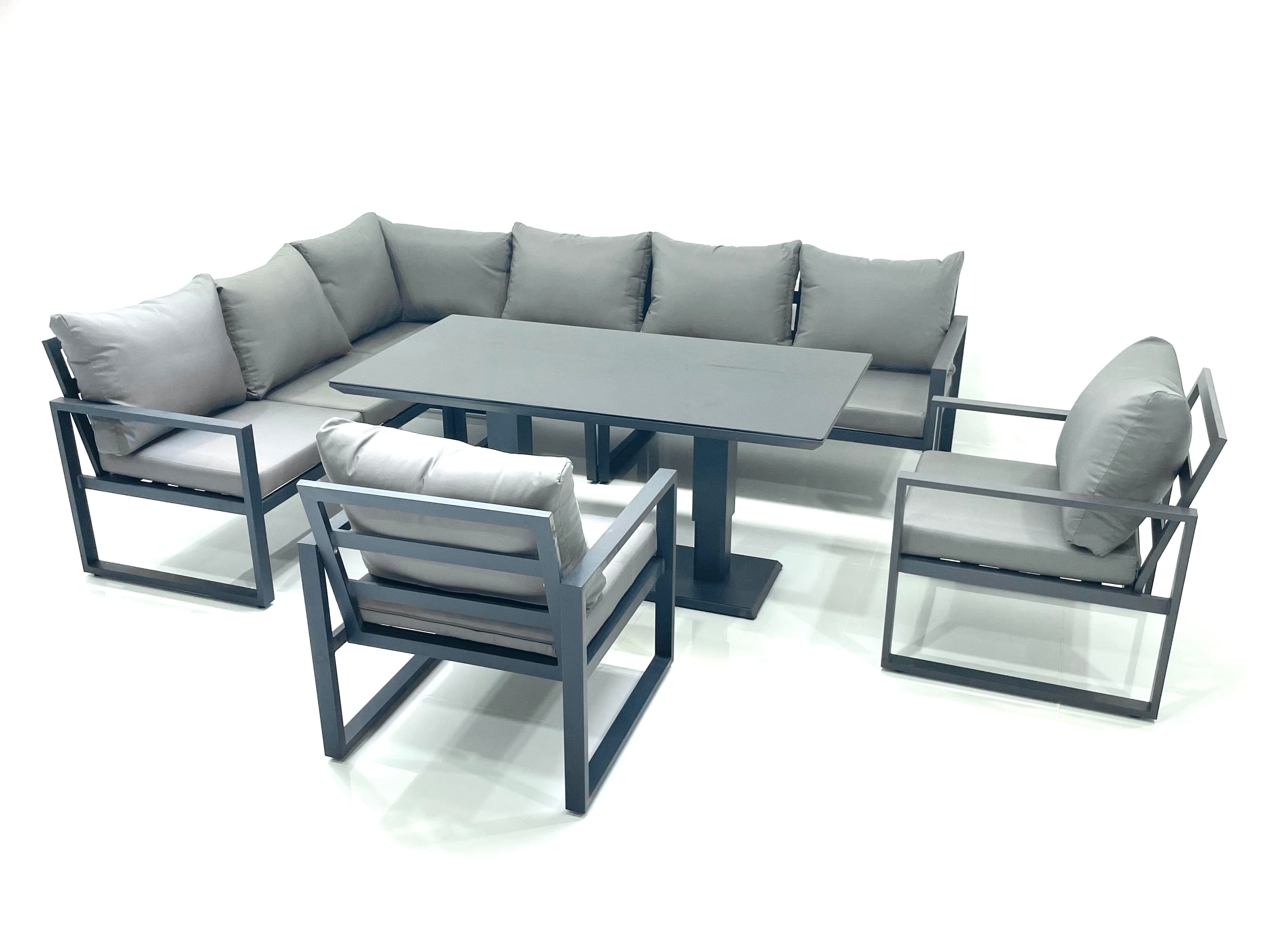 Aluminum Outdoor Garden Furniture Corner Sofa Chair Adjustable Rising Lifting Dining Table Sets Black Tempered Glass Dark Grey 8 Seater