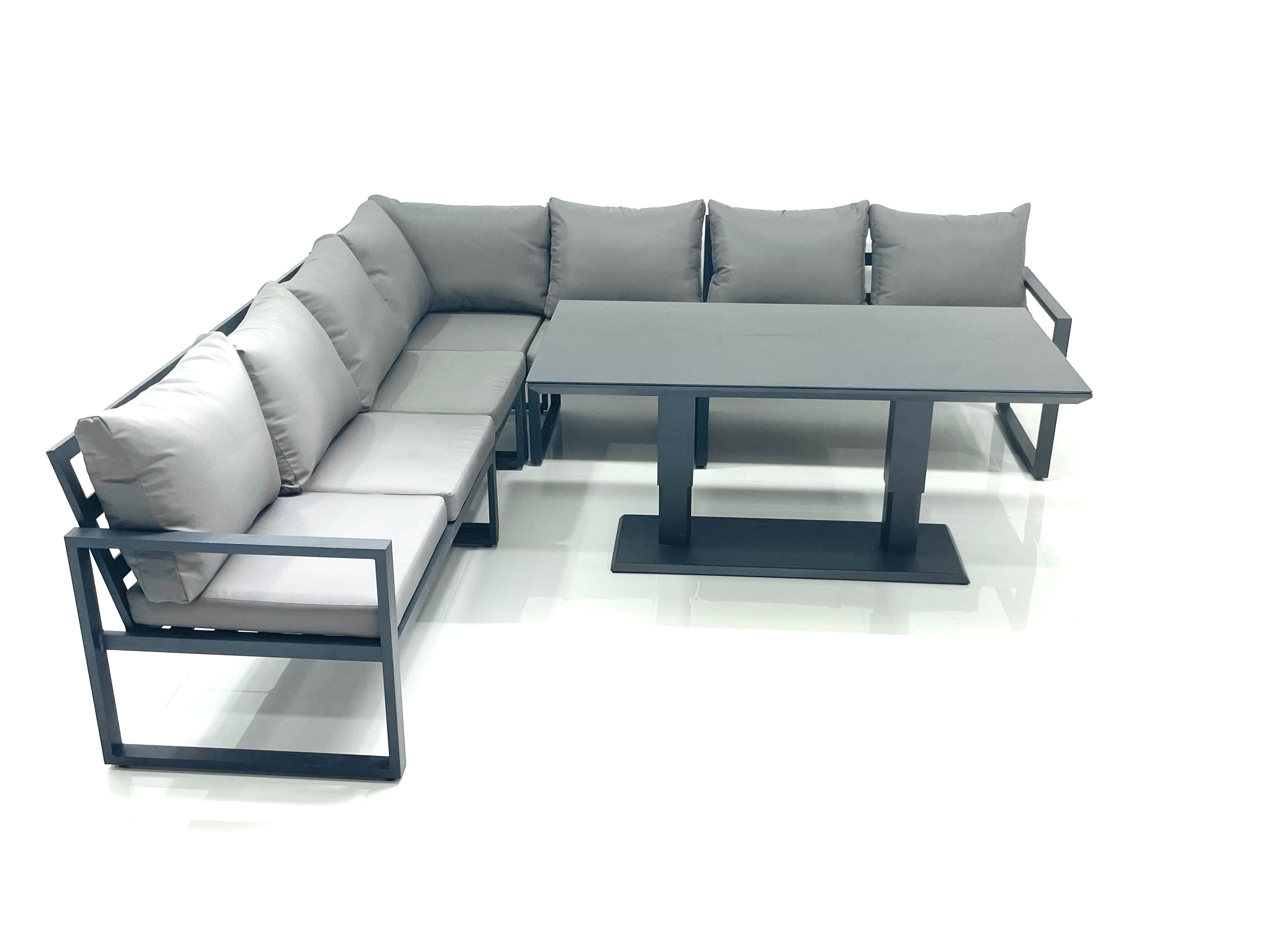 Aluminum Outdoor Garden Furniture Corner Sofa Adjustable Rising Lifting Dining Table Sets Black Tempered Glass Dark Grey 7 Seater