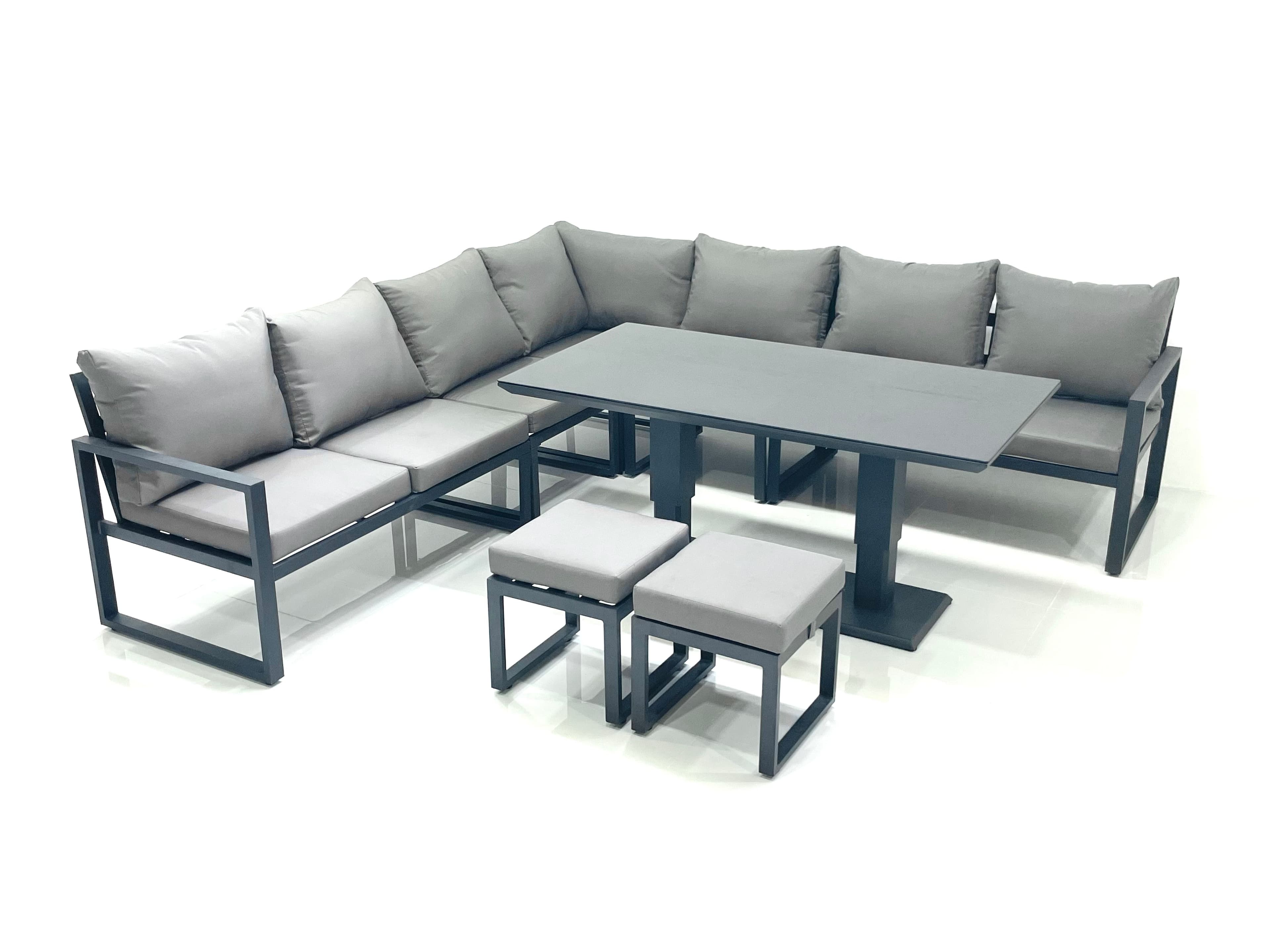 Aluminum Outdoor Garden Furniture Corner Sofa Adjustable Rising Lifting Dining Table Sets Black Tempered Dark Grey 9 Seater
