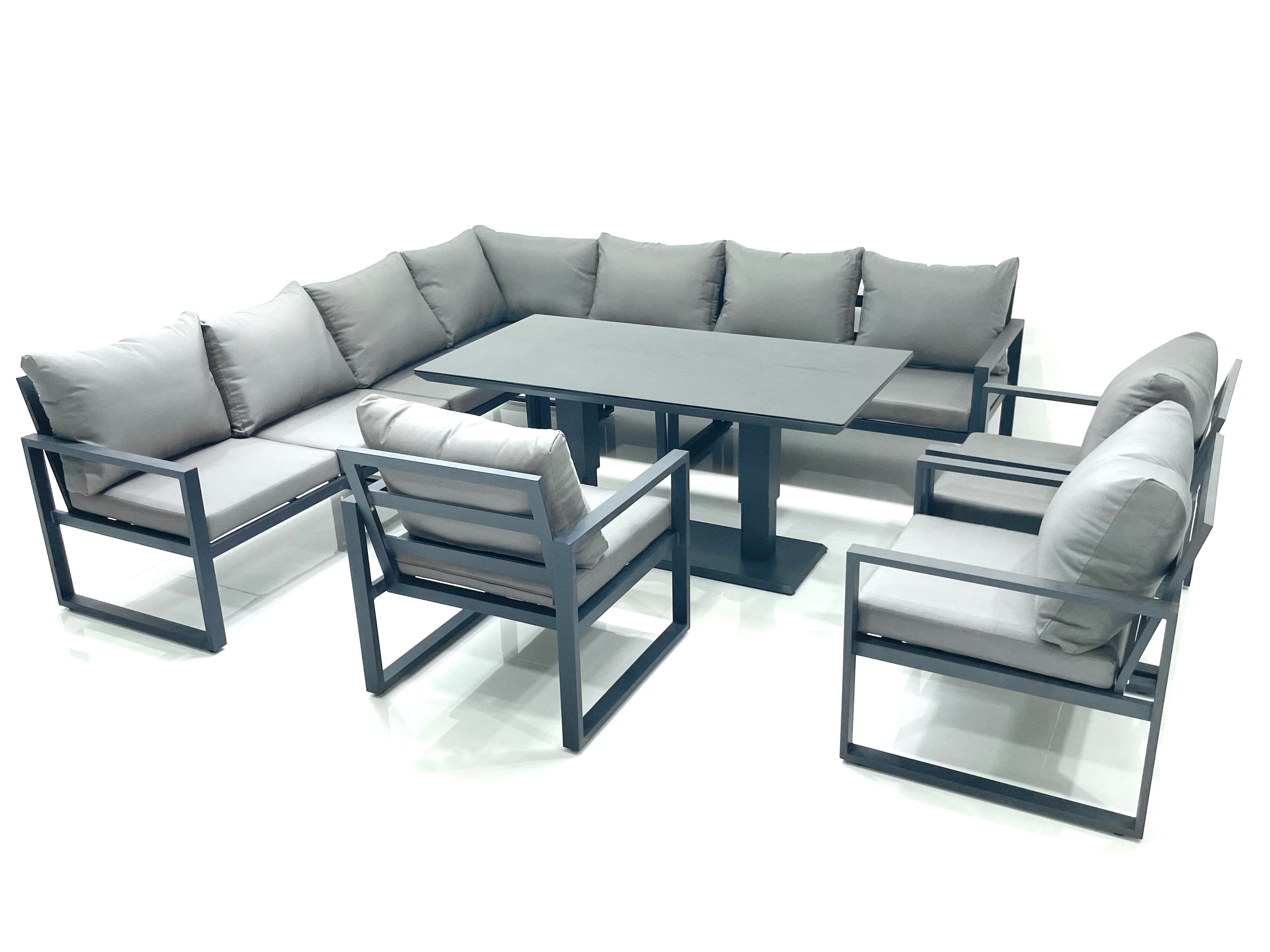 Aluminum Outdoor Garden Furniture Corner Sofa 3 Arm Chair Adjustable Rising Lifting Dining Table Set Dark Grey 10 Seater