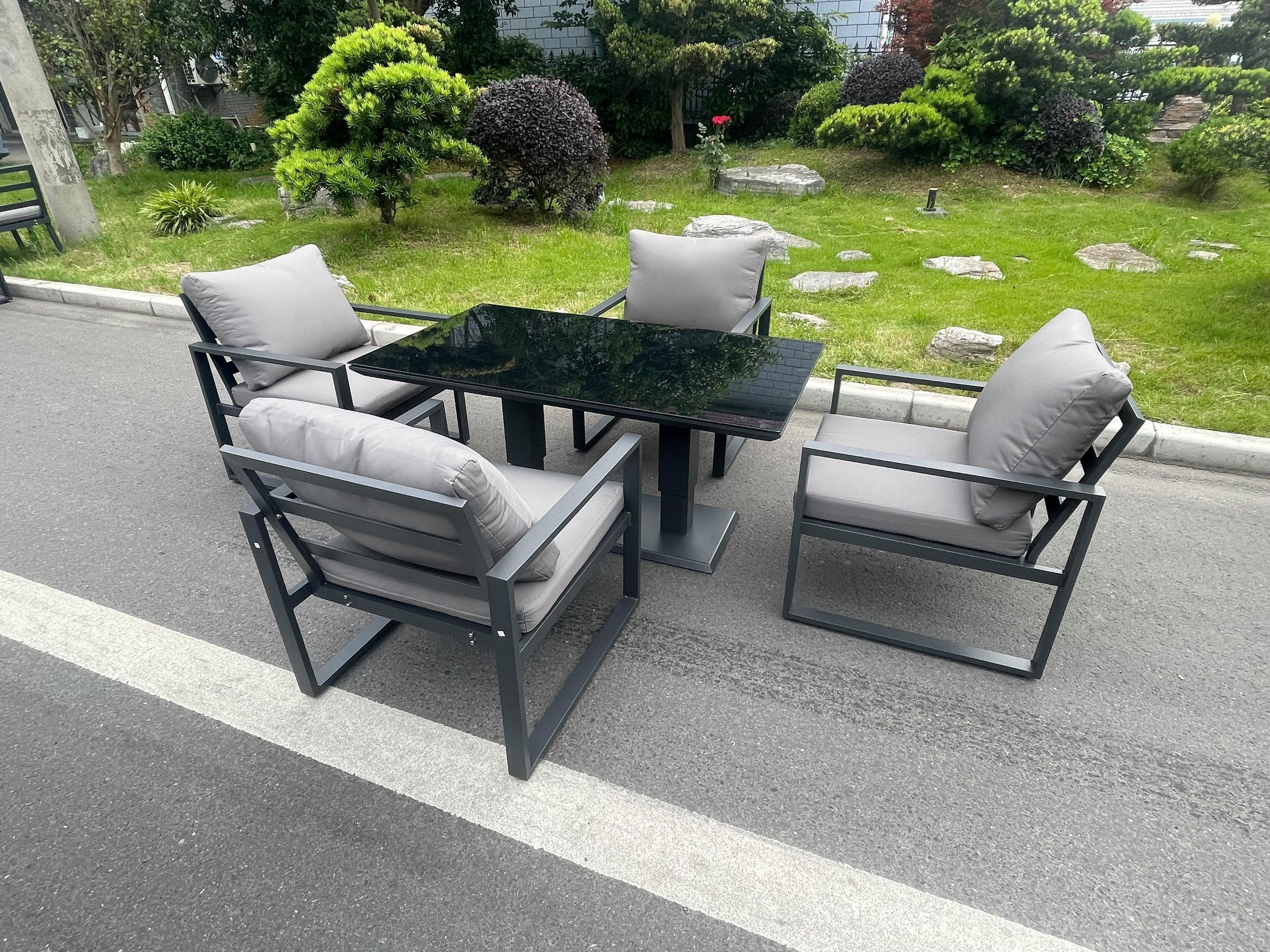 Aluminum Garden Furniture Dining Set Adjustable Rising Lifting Table Chairs Patio Outdoor 4 Seat Plus Black Tempered Glass Dark Grey