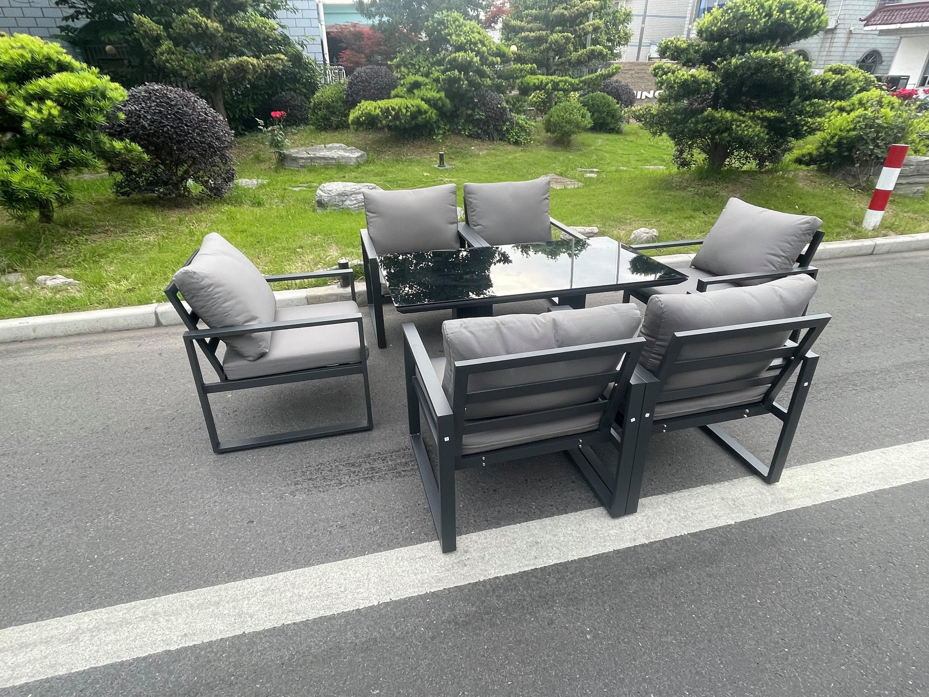 Aluminum Garden Furniture Dining Set Adjustable Rising Lifting Table Chairs Patio Outdoor 6 Seat Black Tempered Glass Dark Grey