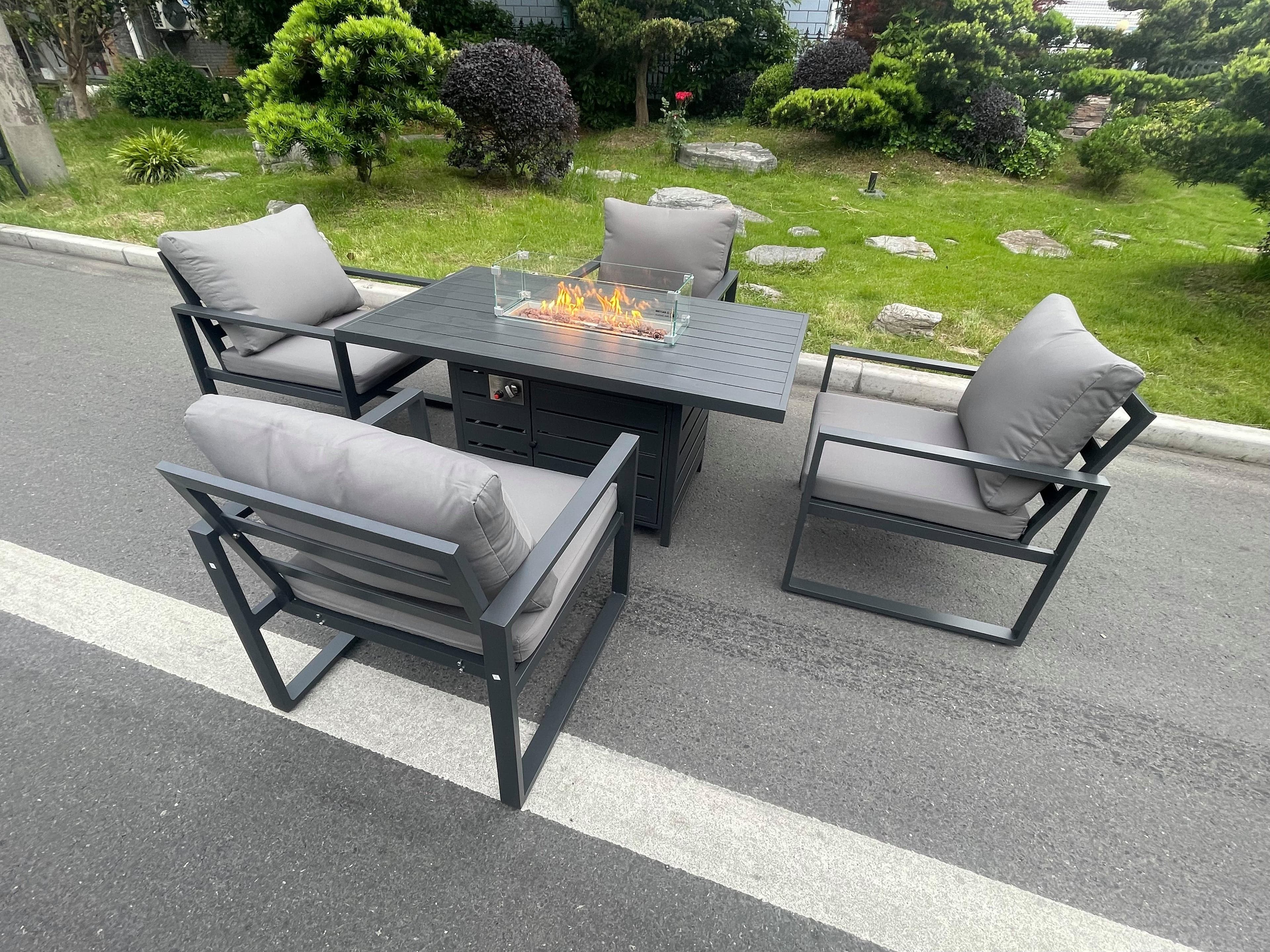 Aluminum Top 4 Seat Garden Furniture Dining Set Gas Fire Pit Table Chairs Burner Heater Patio Outdoor Dark Grey
