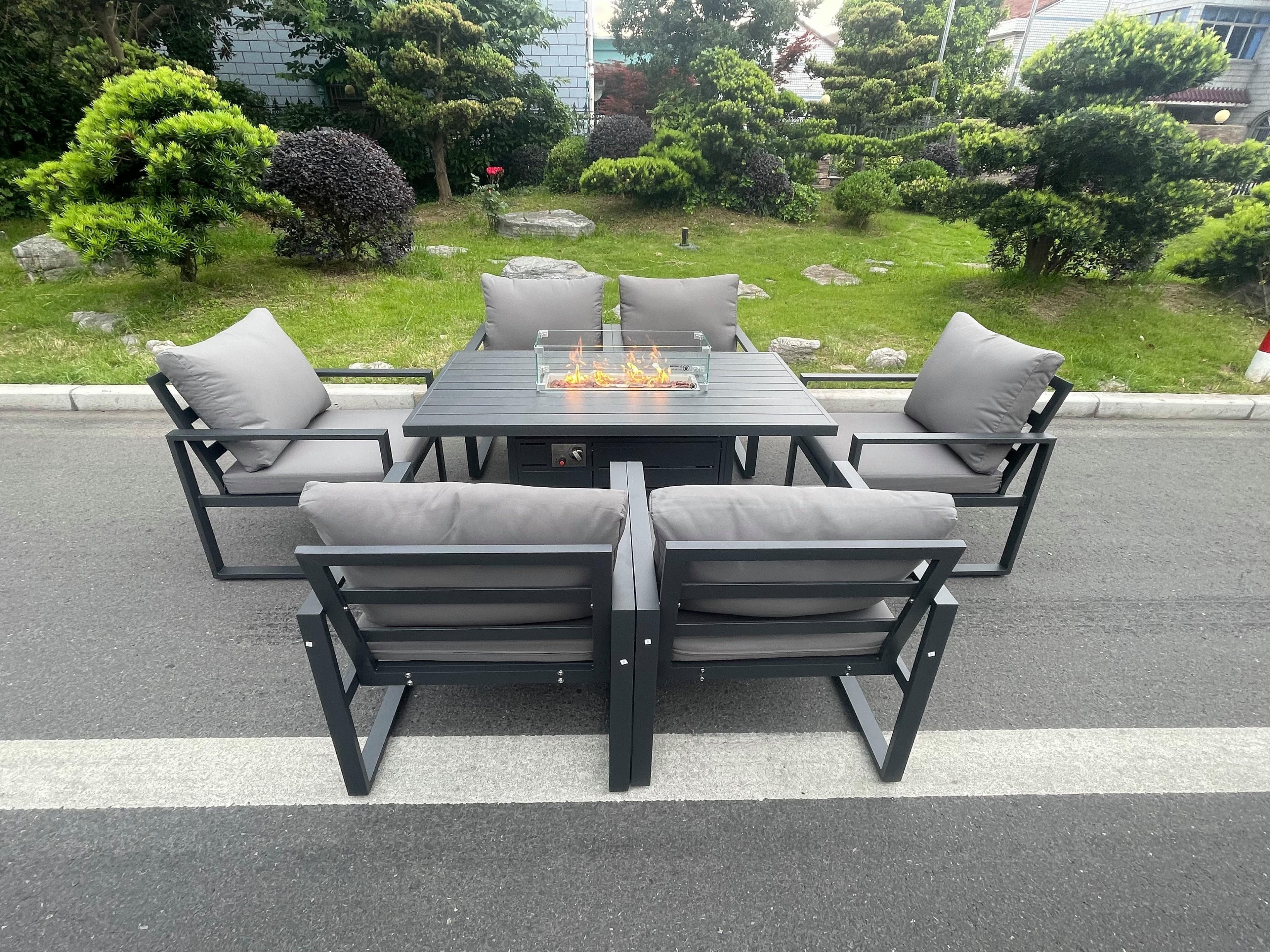Aluminum Top 6 Seat Garden Furniture Dining Set Gas Fire Pit Table Chairs Burner Heater Patio Outdoor Dark Grey