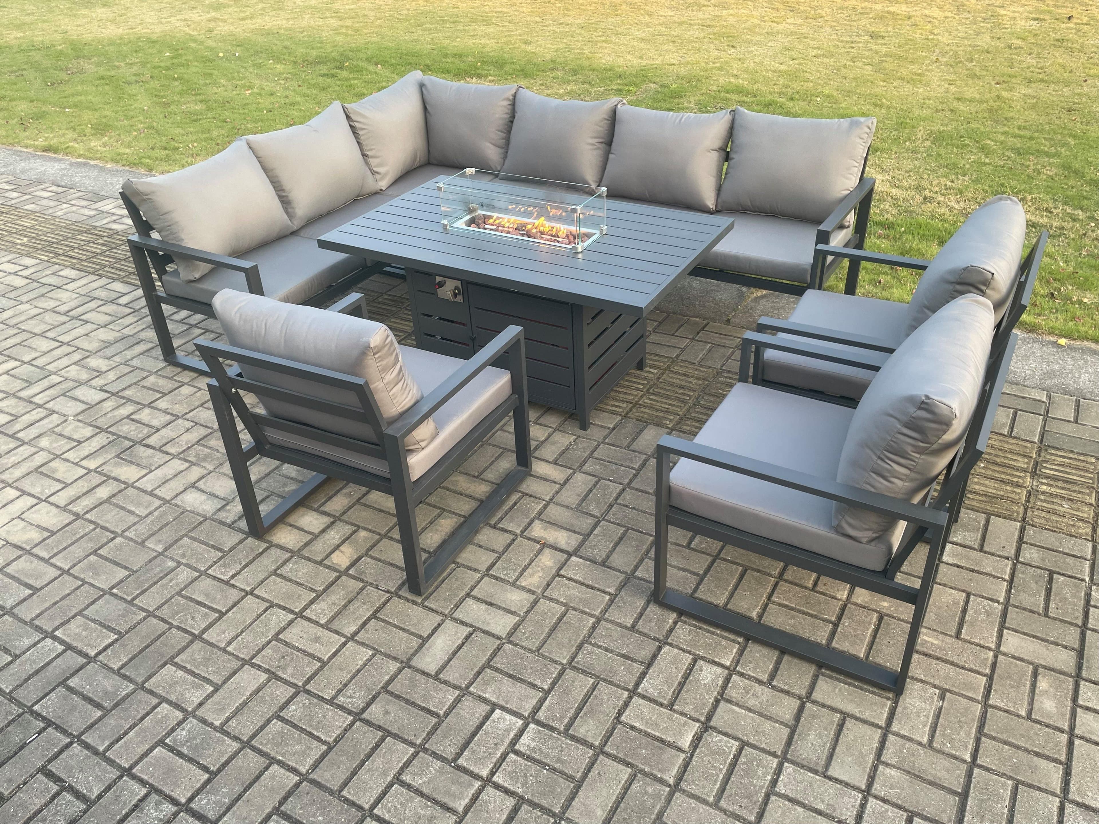 Aluminium Outdoor Garden Furniture Corner Sofa Gas Fire Pit Dining Table Sets Gas Heater Burner Dark Grey 9 Seater