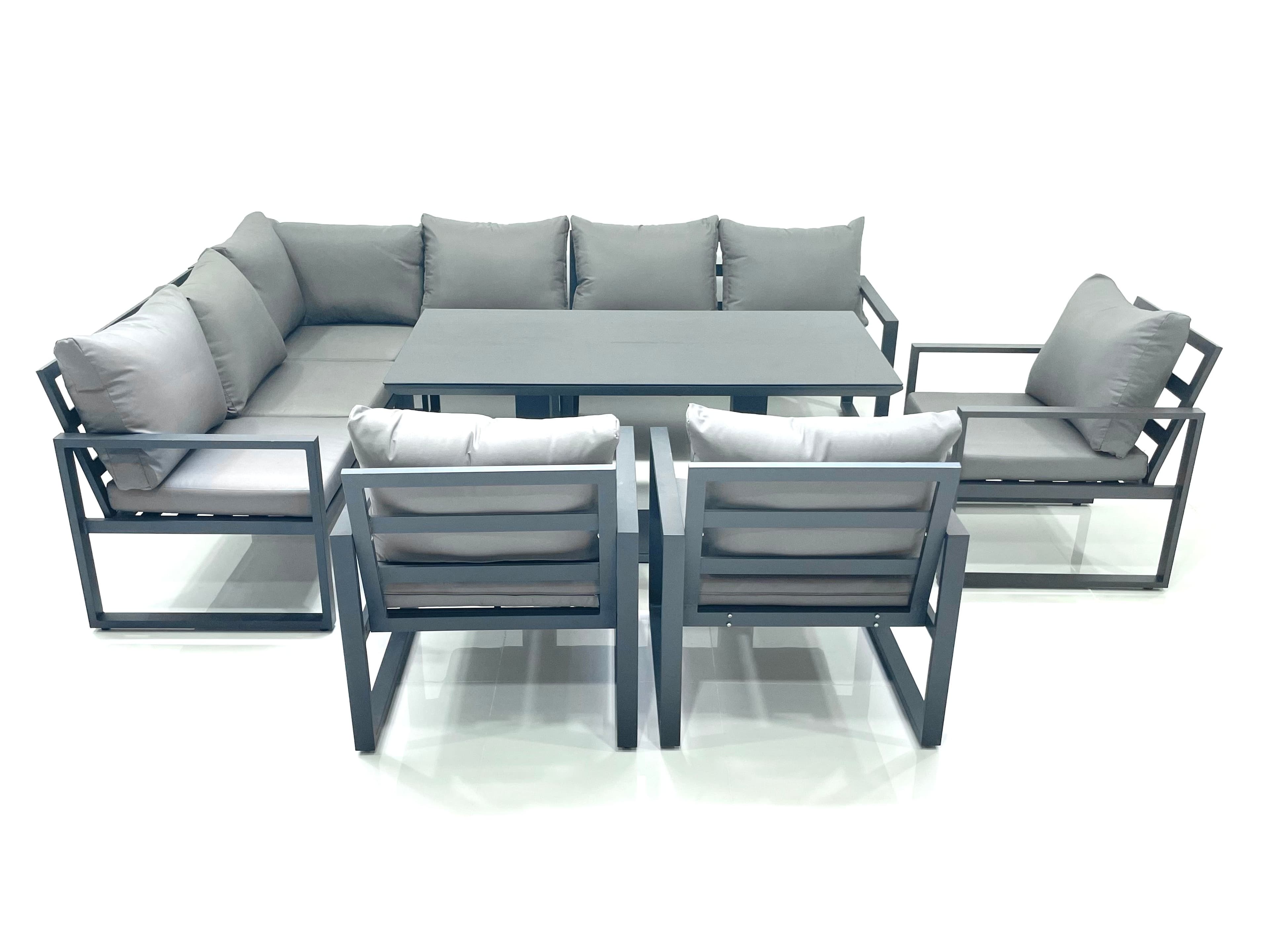 Aluminum Outdoor Garden Furniture Corner Sofa Chair Adjustable Rising Lifting Dining Table Sets Black Tempered Glass Dark Grey 9 Seater