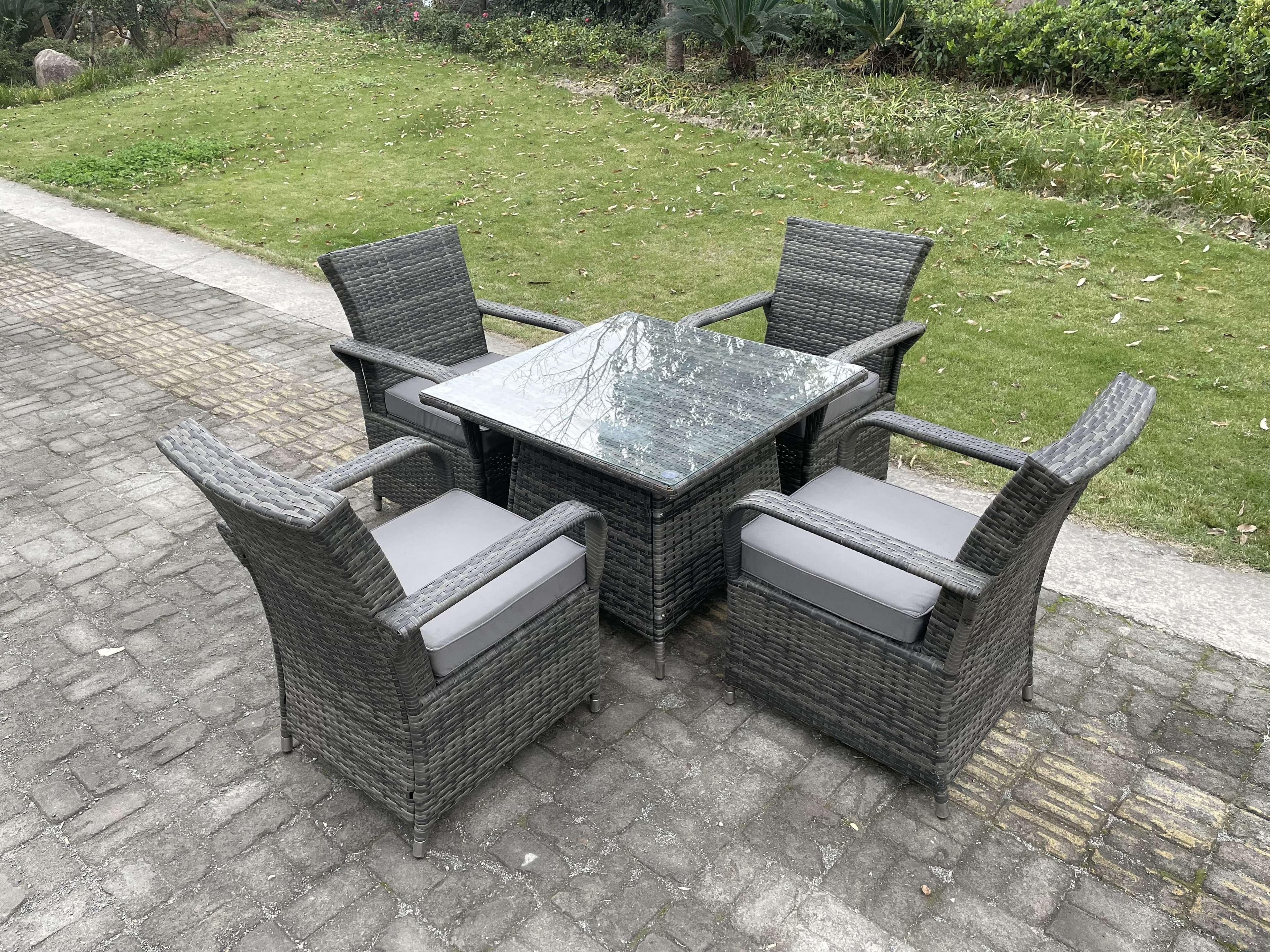 Rattan Garden Furniture Dining Set Table Chairs PE Wicker Patio Outdoor 4 Chairs Plus Square Table