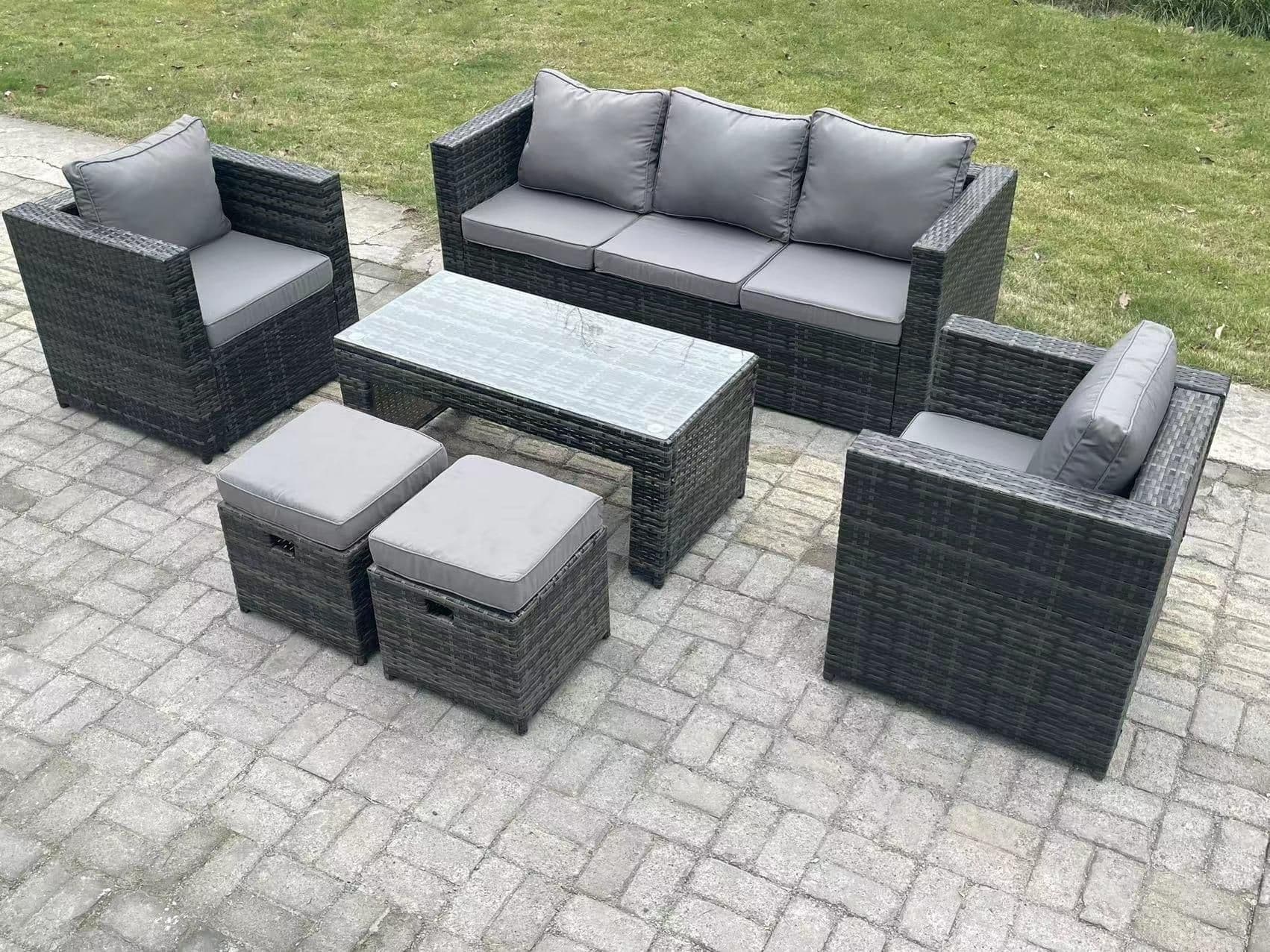 Lounge Rattan Sofa Set Outdoor Garden Furniture Oblong Rectangular Coffee Table 2 Chairs