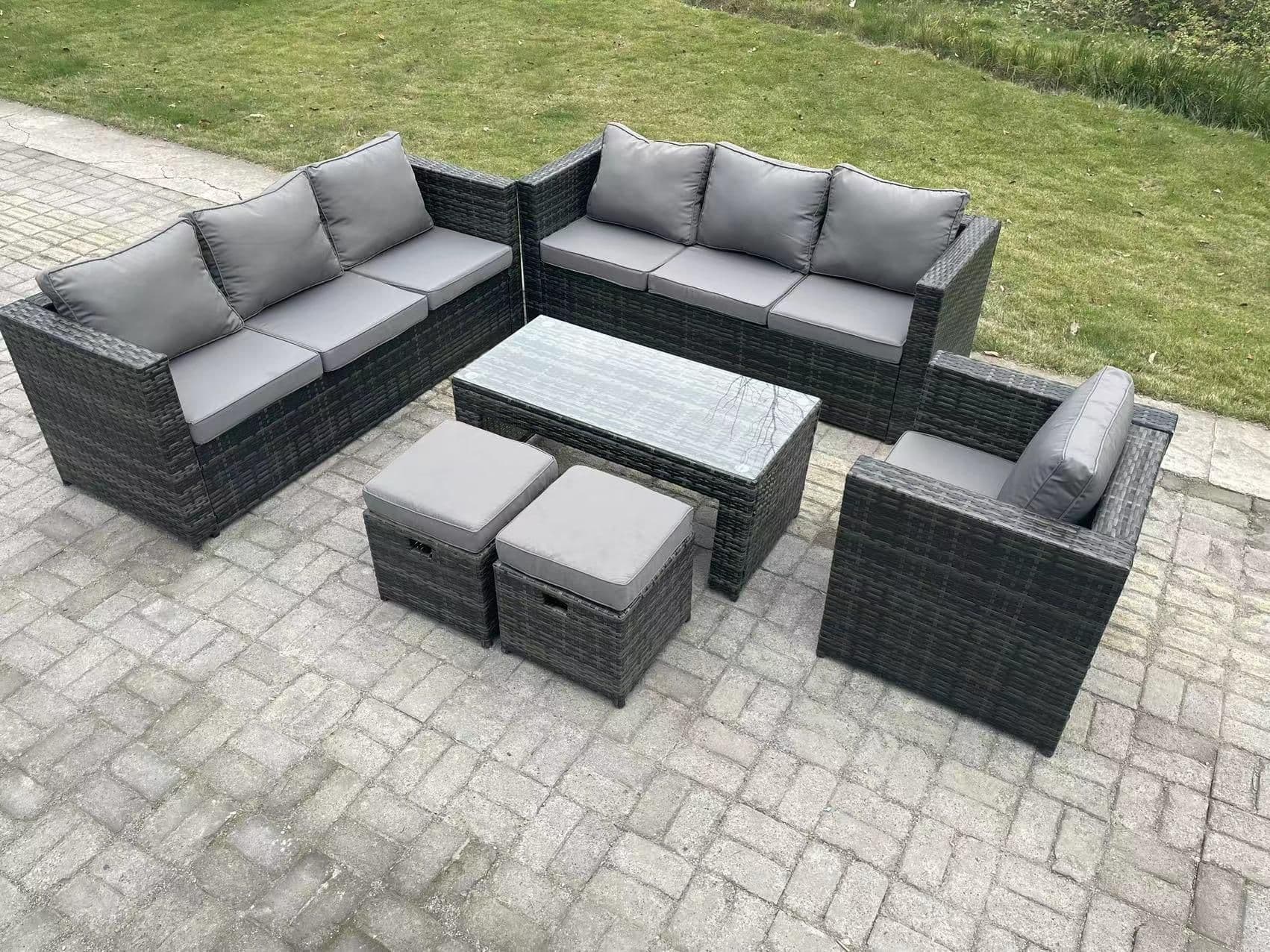 Outdoor Rattan Garden Furniture Lounge Sofa Set Oblong Rectagular Coffee Table 2 Stools
