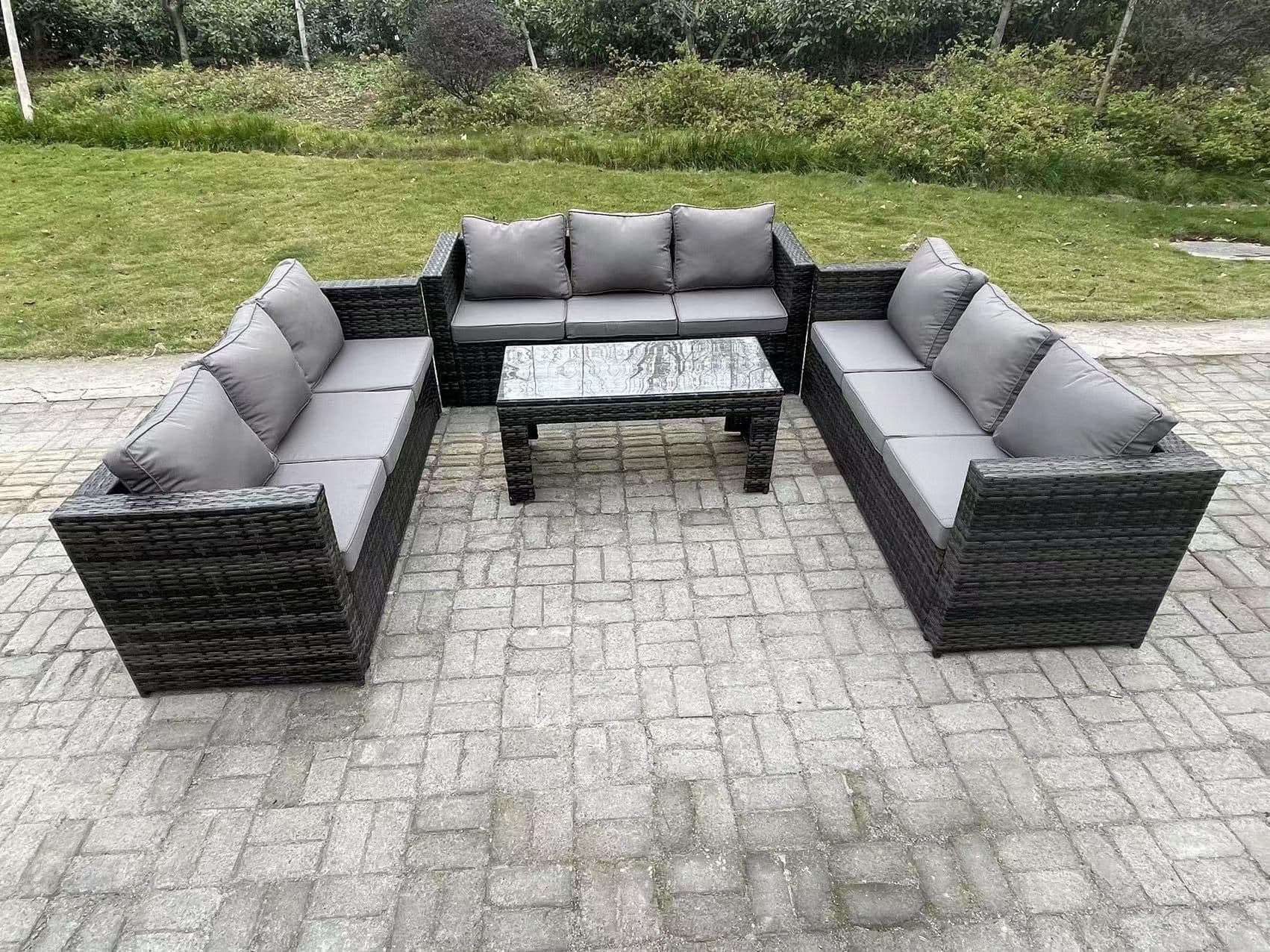 Outdoor 3 PC Three Seater Ssofa Rattan Garden Furniture Lounge Sofa Set Coffee Table