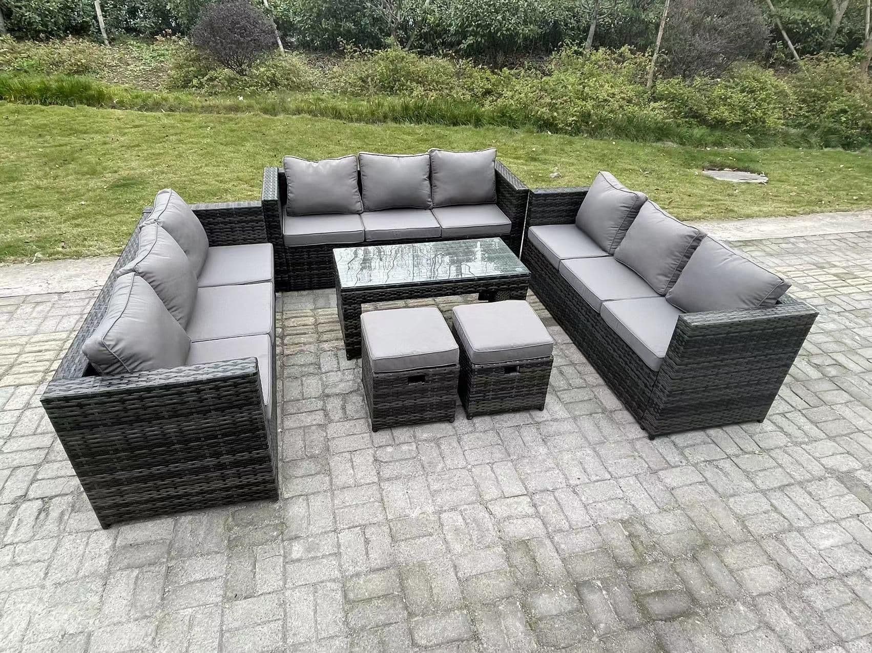 Rattan Garden Furniture Lounge Sofa Set Oblong Rectagular Coffee Table 2 Stools