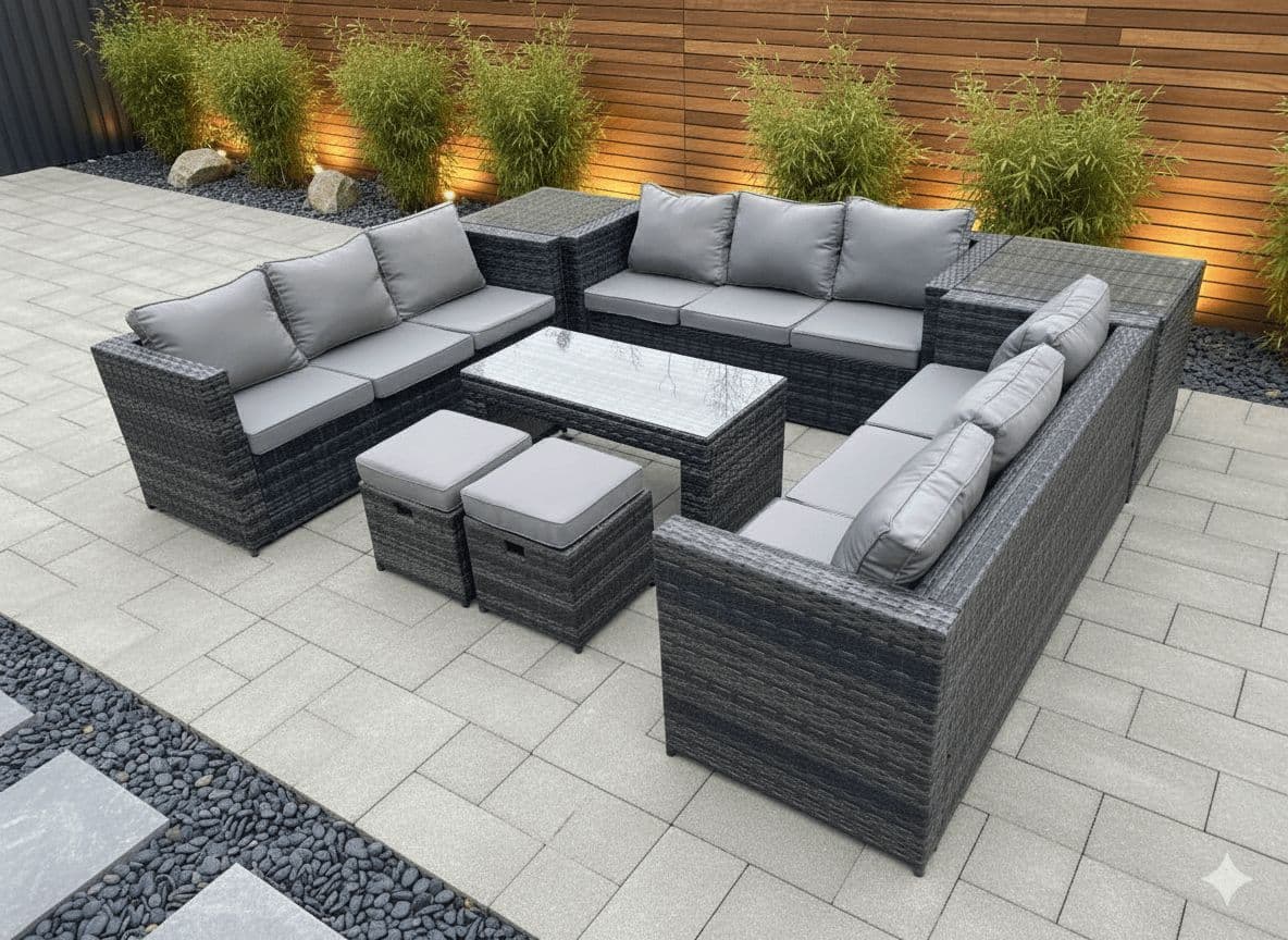 Outdoor Rattan Garden Furniture Lounge Sofa Set Oblong Rectagular Coffee Table 2 Stools