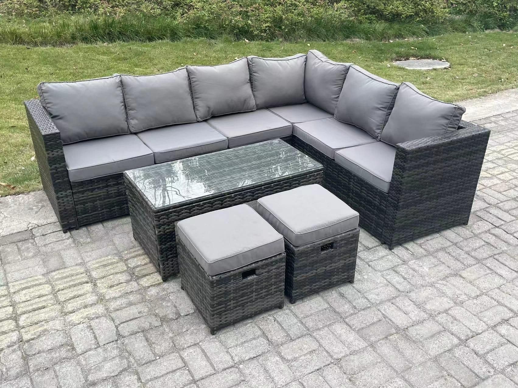 8 Seater Rattan Corner Sofa Lounge Sofa Set Rectangular Coffee Table 2 Stool Right Hand
