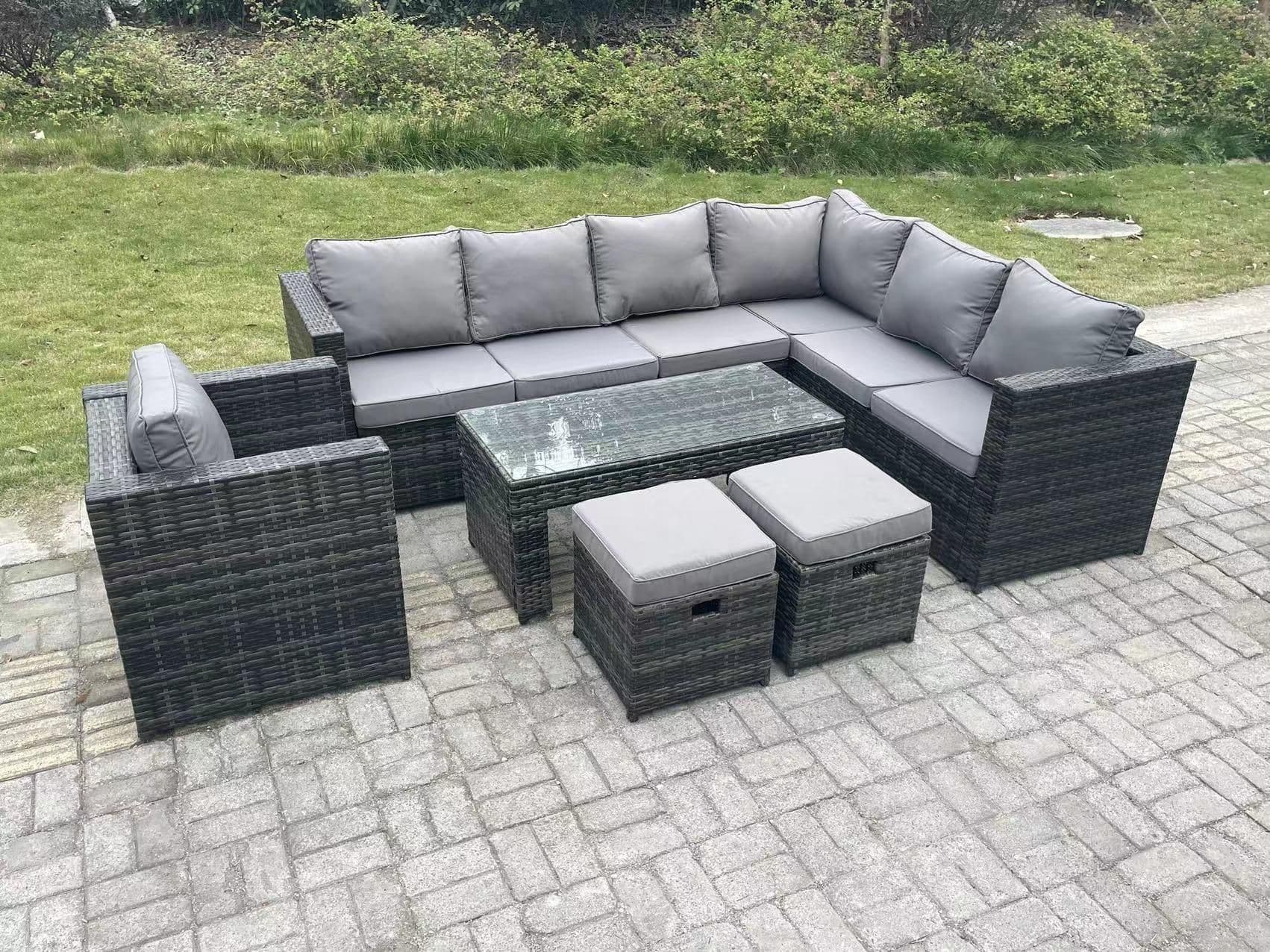 9 Seater Rattan Corner Sofa Lounge Sofa Set Rectangular Coffee Table 2 Stool Right Hand