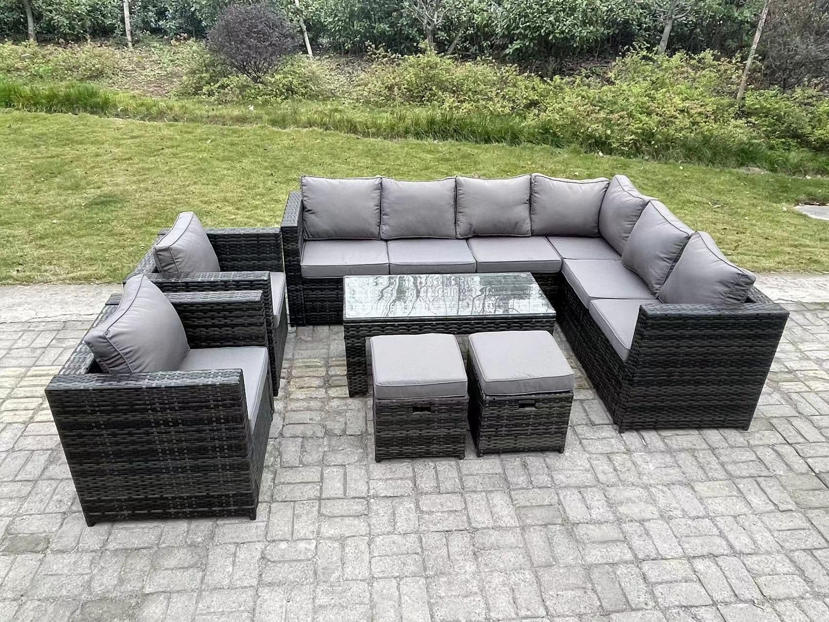 10 Seater Rattan Corner Sofa Lounge Sofa Set Rectangular Coffee Table 2 Stool Right Hand