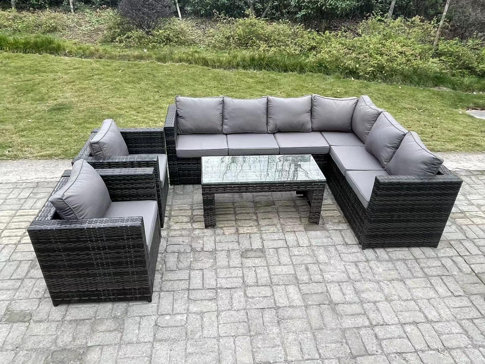 8 Seater Rattan Corner Sofa Lounge Sofa Set Rectangular Coffee Table 2 Arm Chair Right Hand