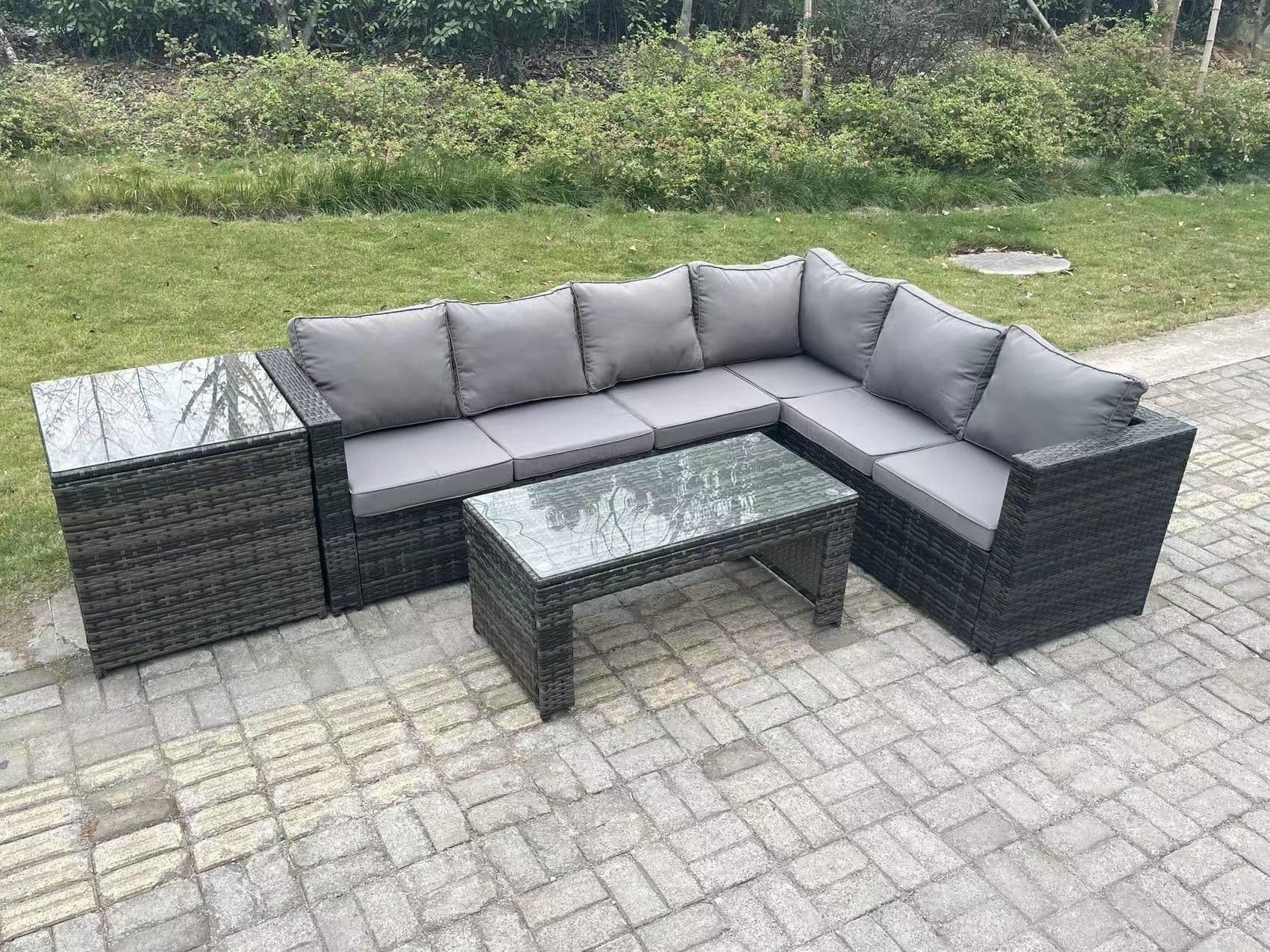6 Seater Rattan Corner Sofa Lounge Sofa Set Rectangular Coffee Table Side Table Right Hand