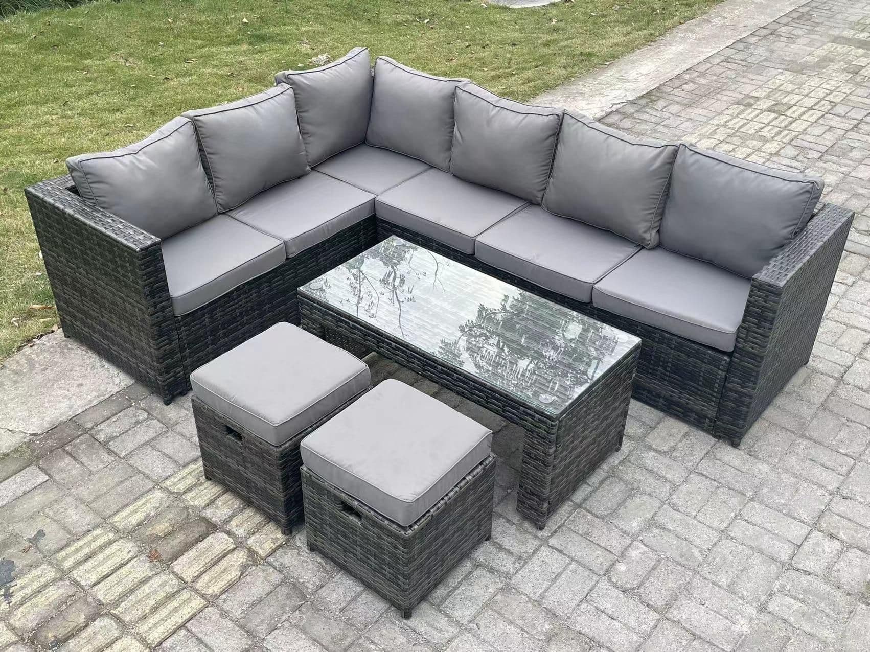 8 Seater Rattan Corner Sofa Lounge Sofa Set Rectangular Coffee Table 2 Stool Left Hand