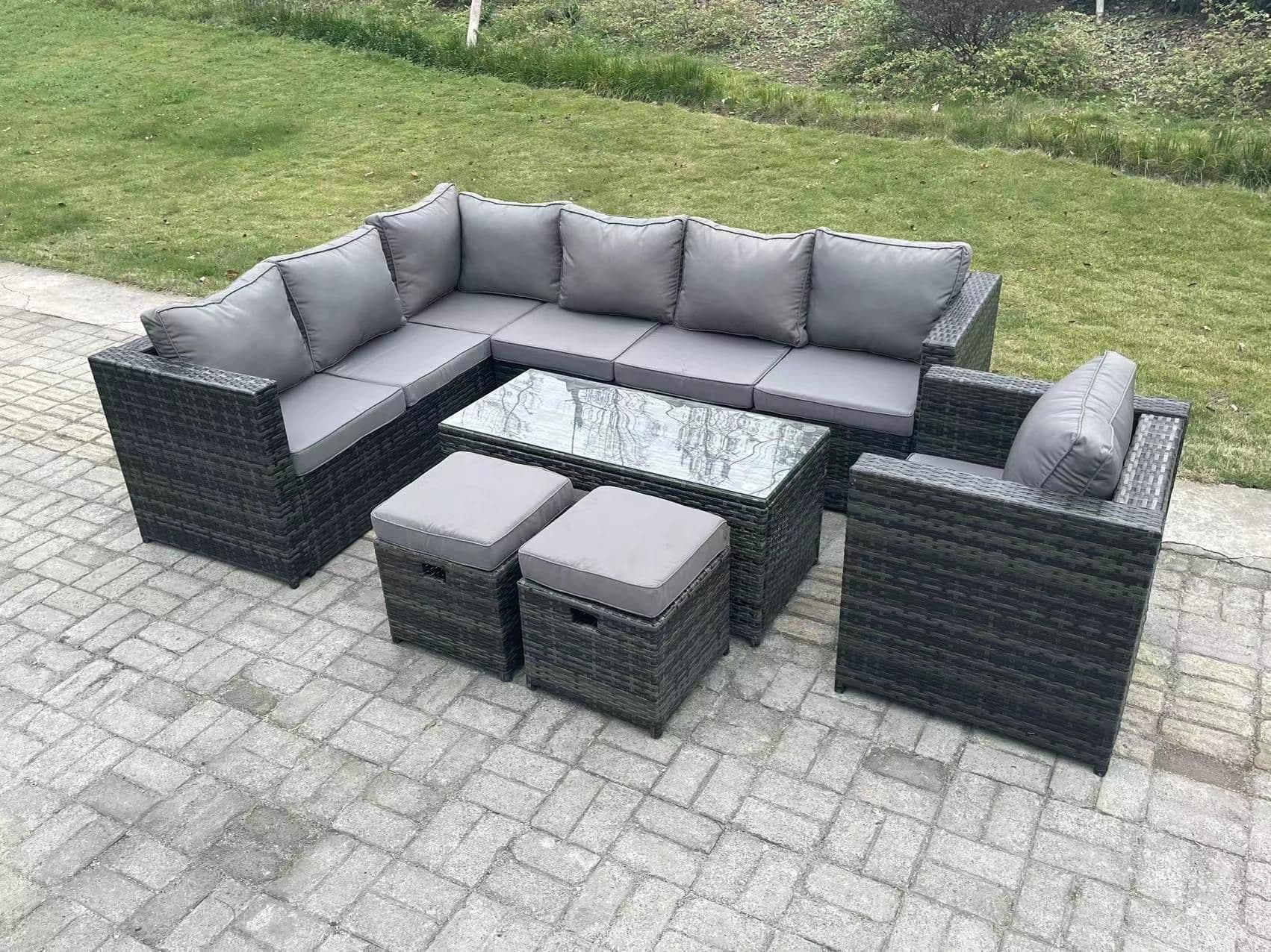 9 Seater Rattan Corner Sofa Lounge Sofa Set Rectangular Coffee Table 2 Stool Left Hand