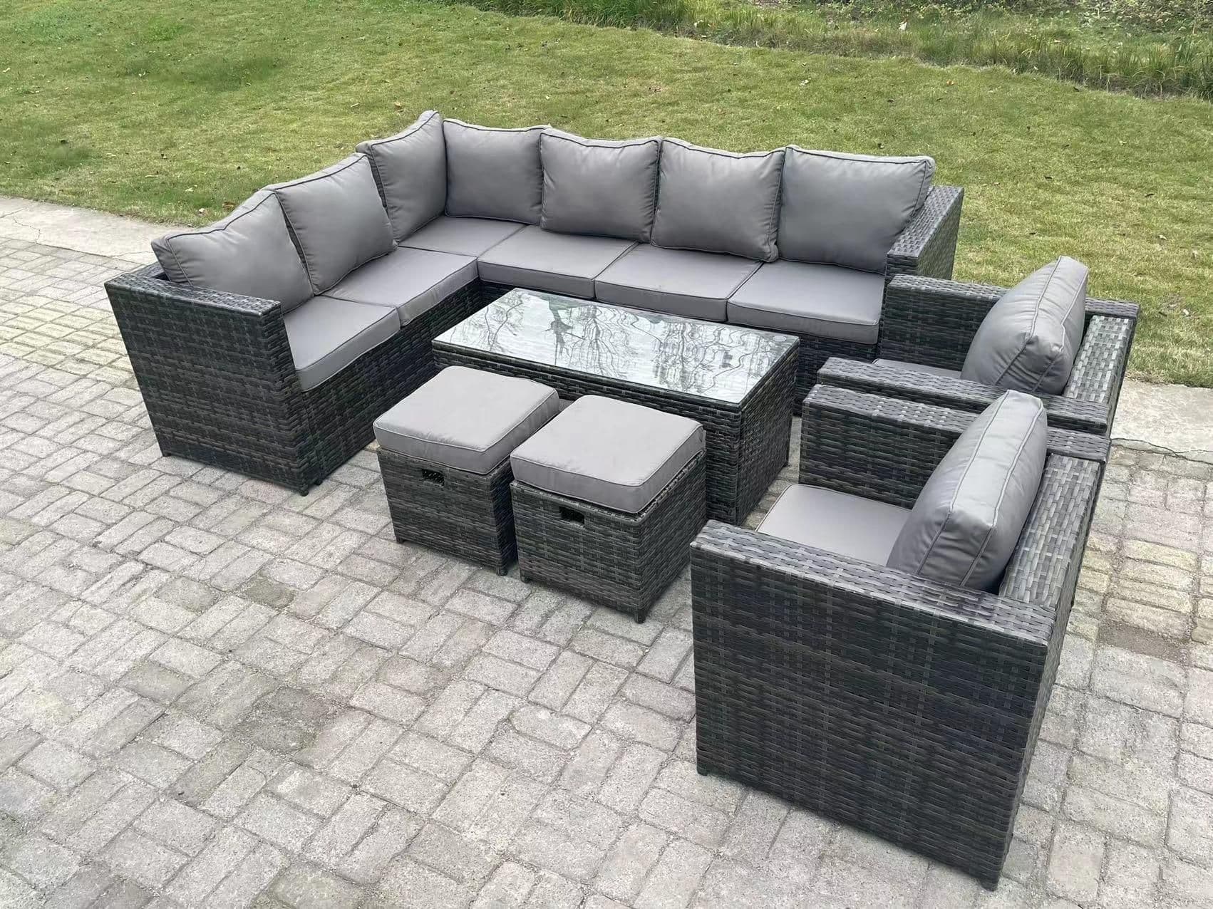10 Seater Rattan Corner Sofa Lounge Sofa Set Rectangular Coffee Table 2 Stool Left Hand