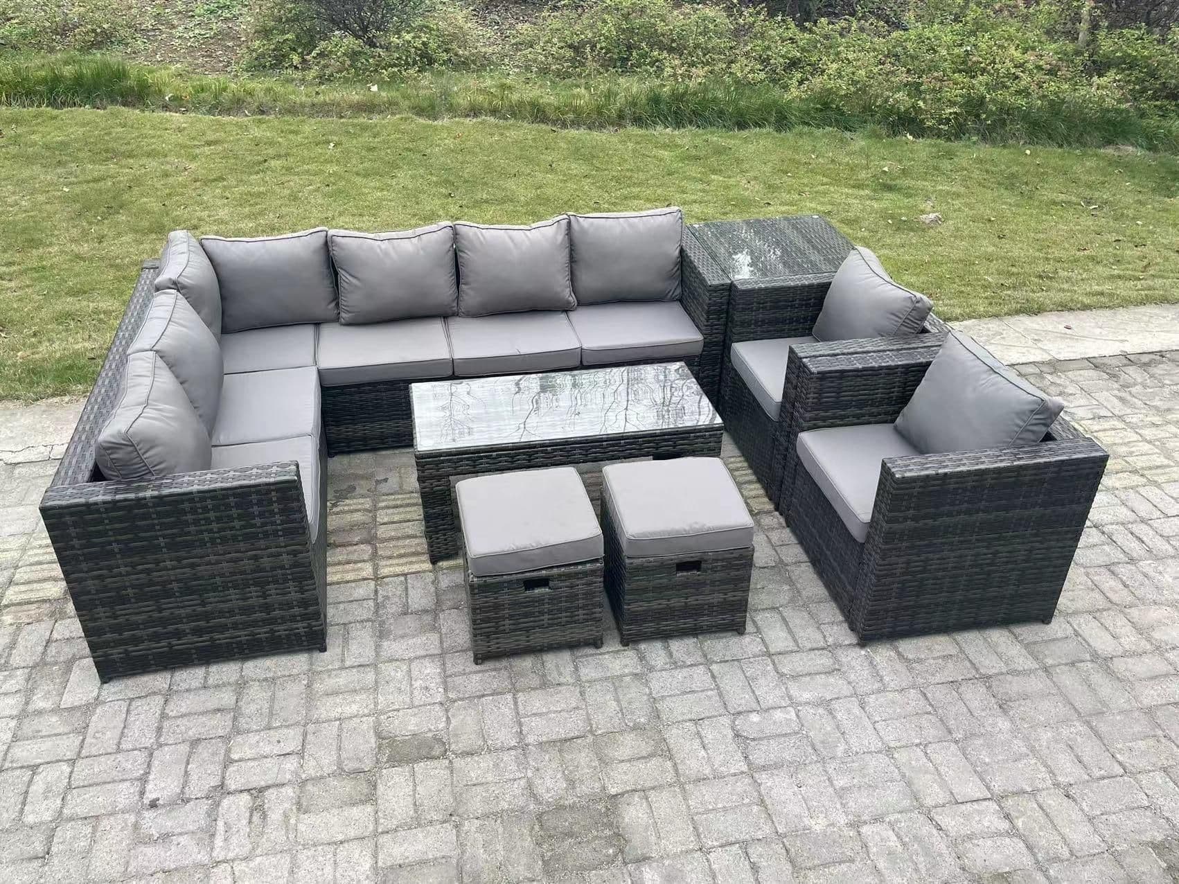 10 Seater Rattan Corner Sofa Lounge Sofa Set Rectangular Coffee Table Side Table 2 Arm