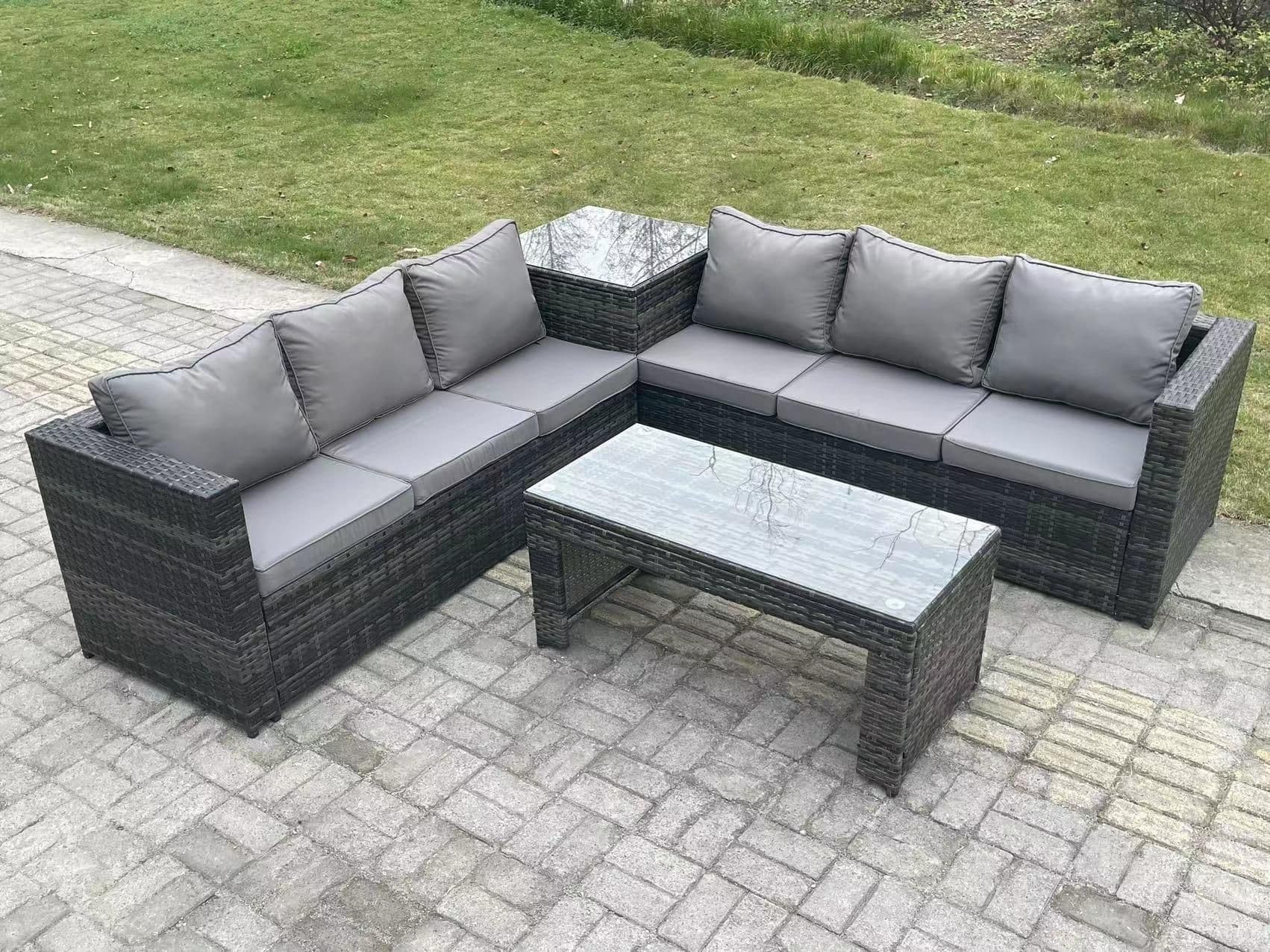 6 Seater Rattan Corner Sofa Set Square Side Table Oblong Rectangular Coffee Tea Table