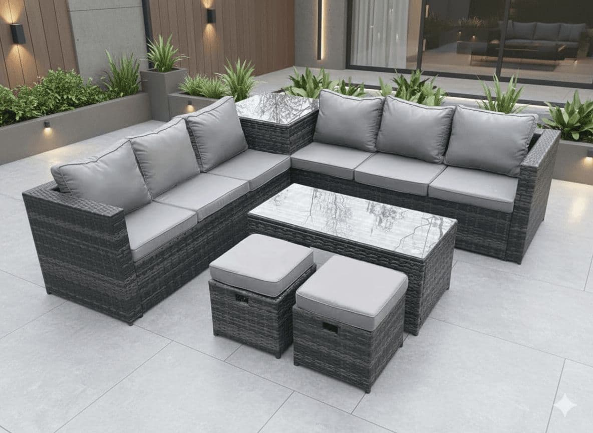8 Seater Rattan Corner Sofa Set Square Side Table Oblong Rectangular Coffee Tea Table 2 Stools