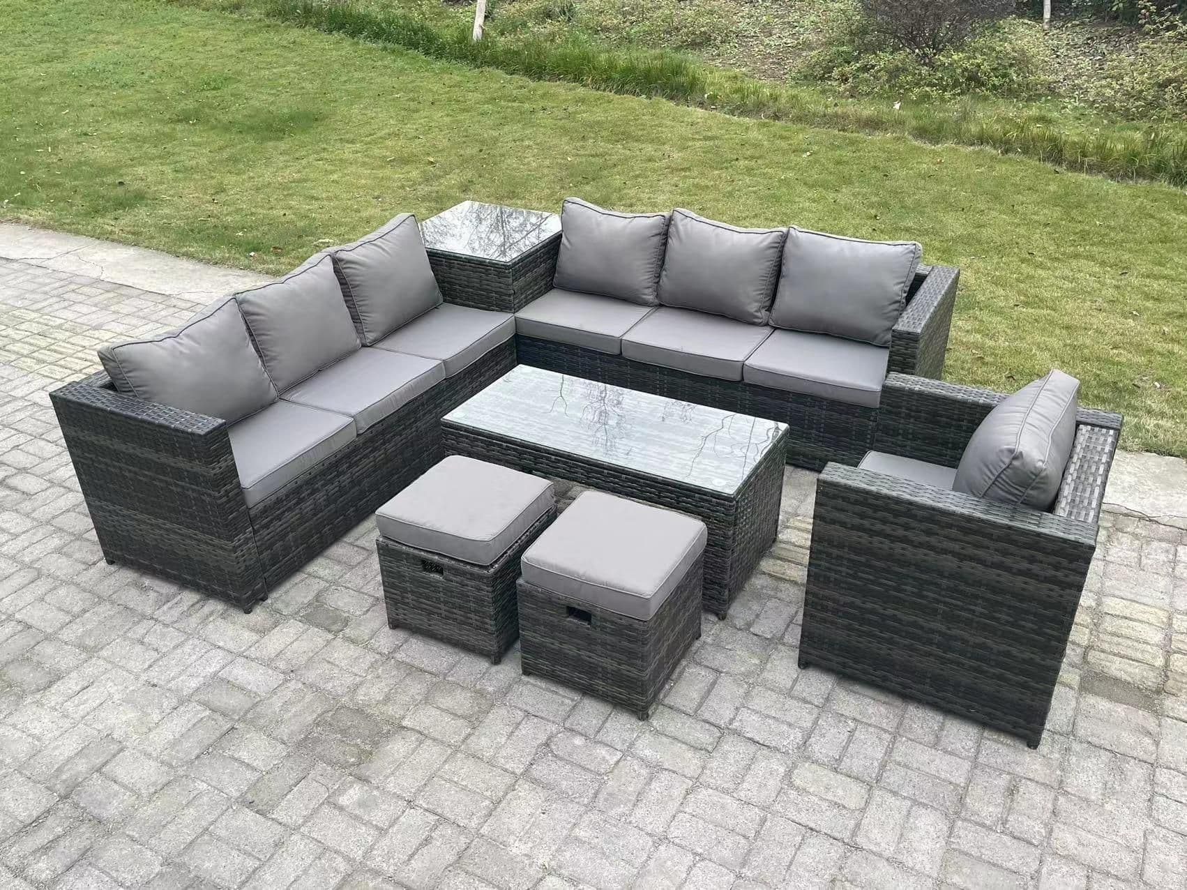 9 Seater Rattan Corner Sofa Set Square Side Table Oblong Rectangular Coffee Tea Table Chair