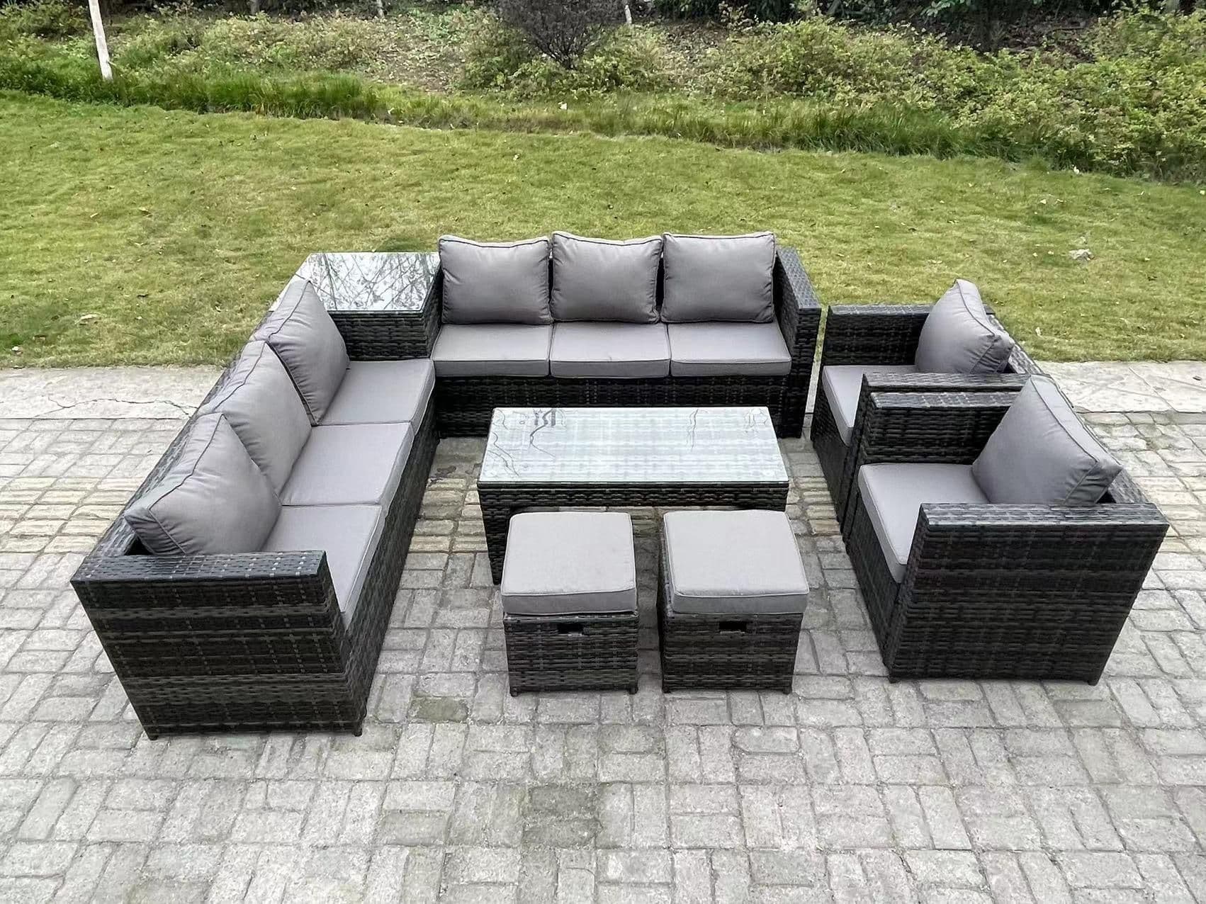 10 Seater Rattan Corner Sofa Set Square Side Table Oblong Rectangular Coffee Tea Table Arm Chair